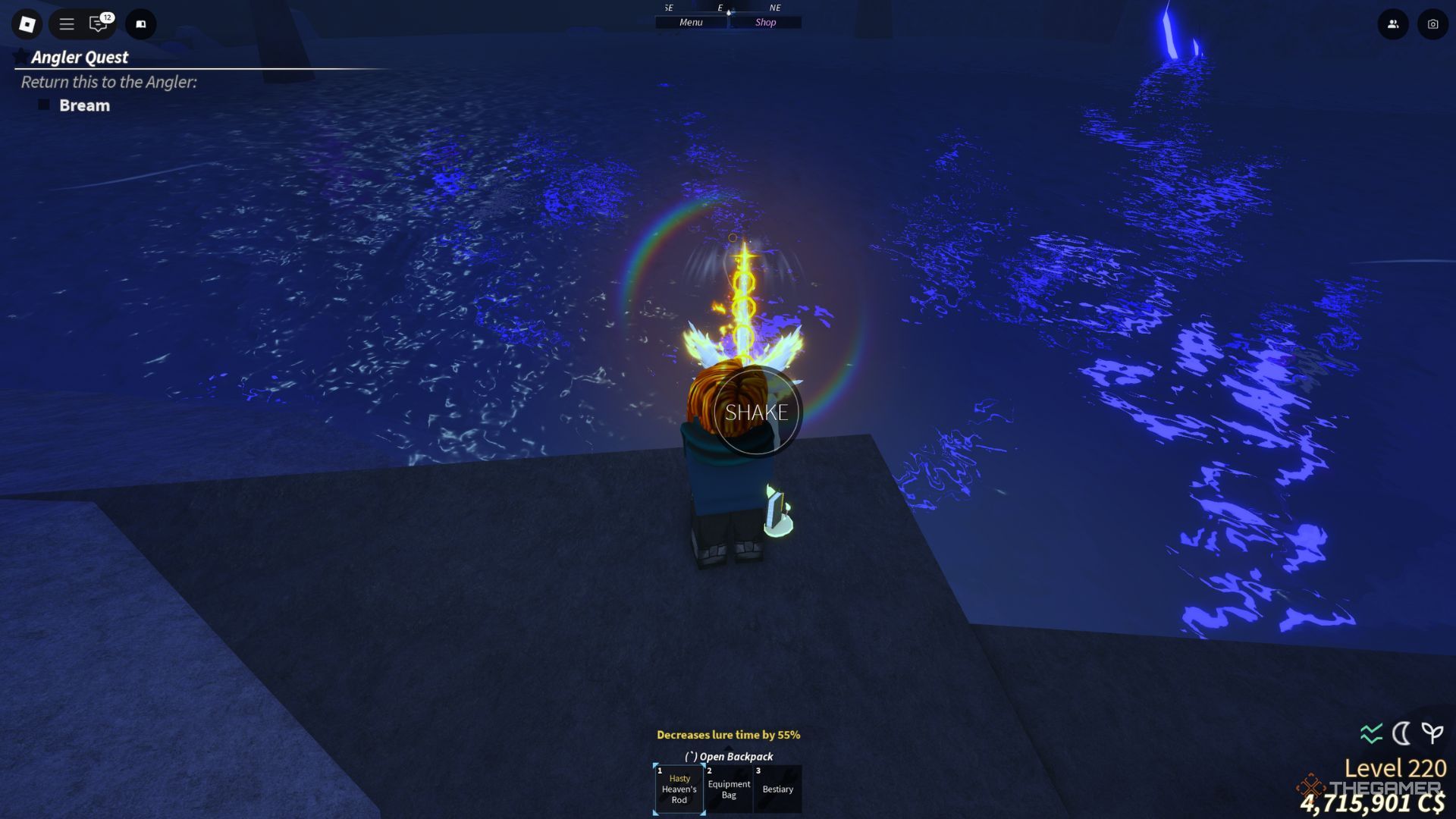 The player character is fishing in the Calm Zone area in Fisch.