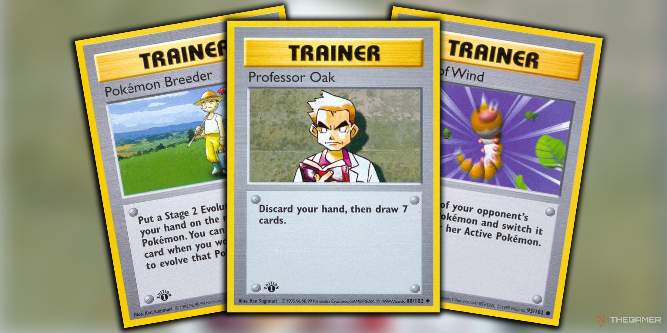 Pokemon Breeder, Professor Oak and Gust of the Wind trainer cards are placed next to each other in Pokemon TCG