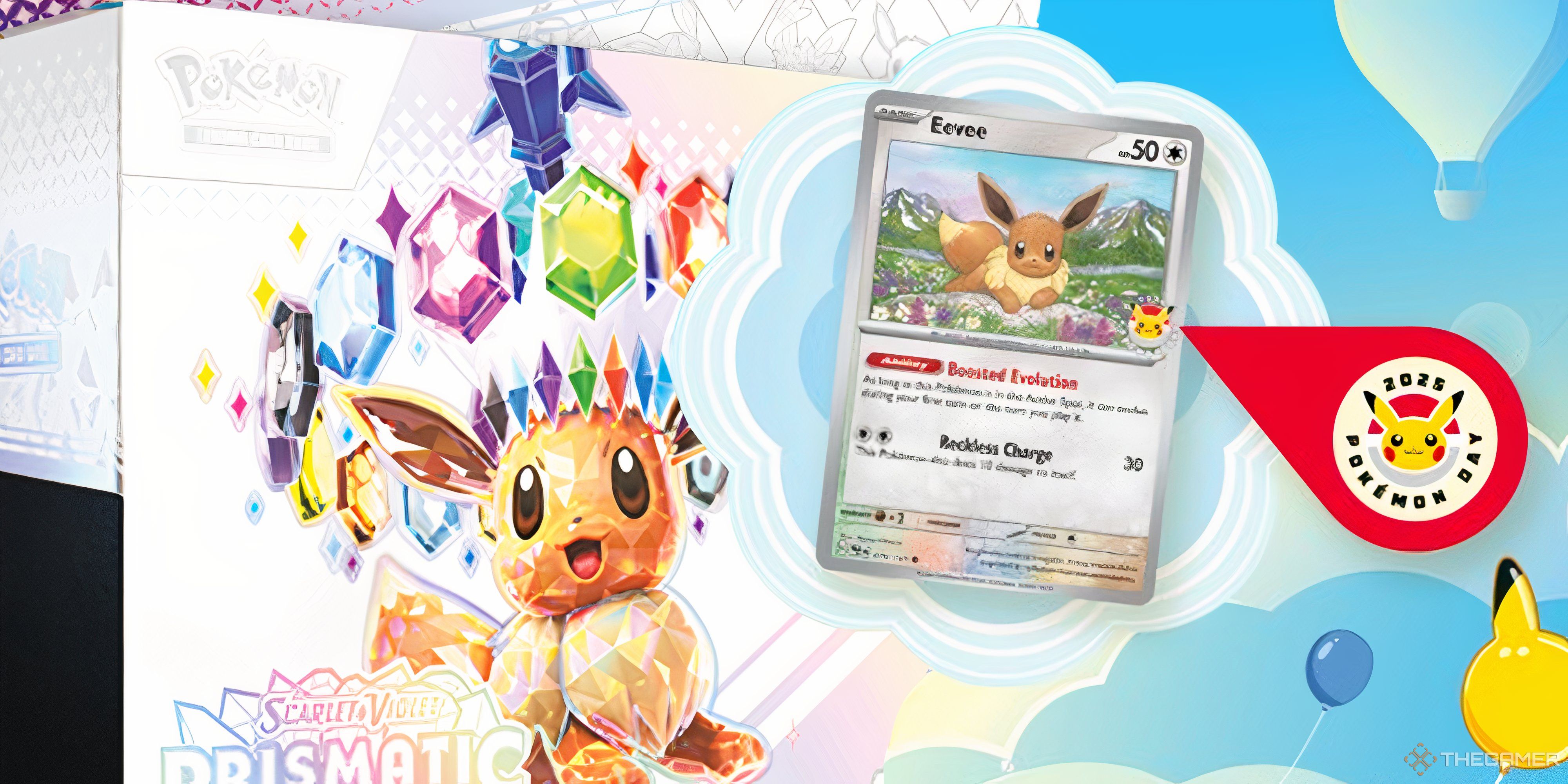 pokemon day eevee promo card alongside a prismatic evolutions elite trainer box.