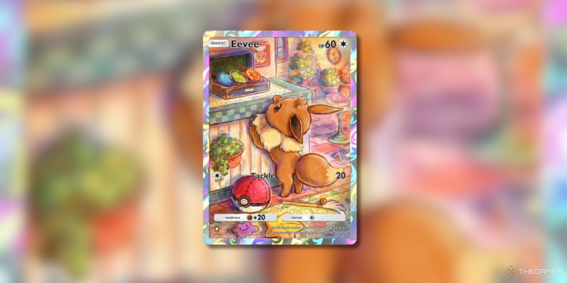 Pokemon Trading Card Game Pocket Eevee one star rarity card on a blurred background.