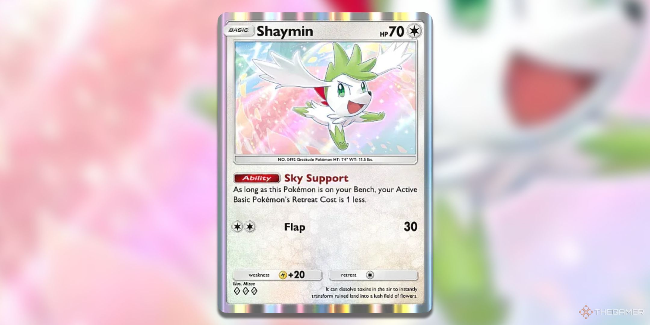 Shaymin Pokemon TCG Pocket Triumphant Light Card Art.