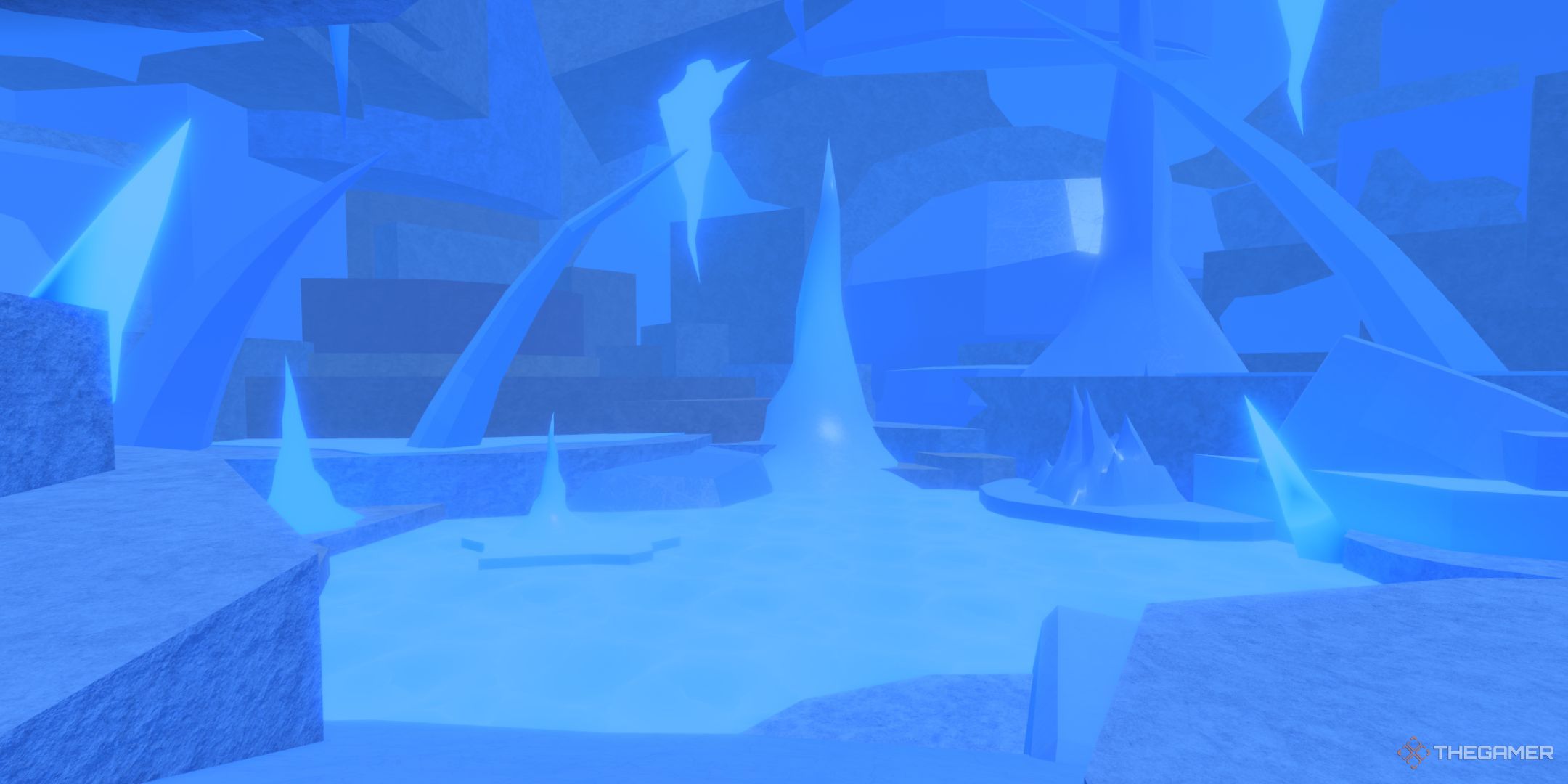 The player character shows the ice cave in the Challenger's Deep area in Fisch.