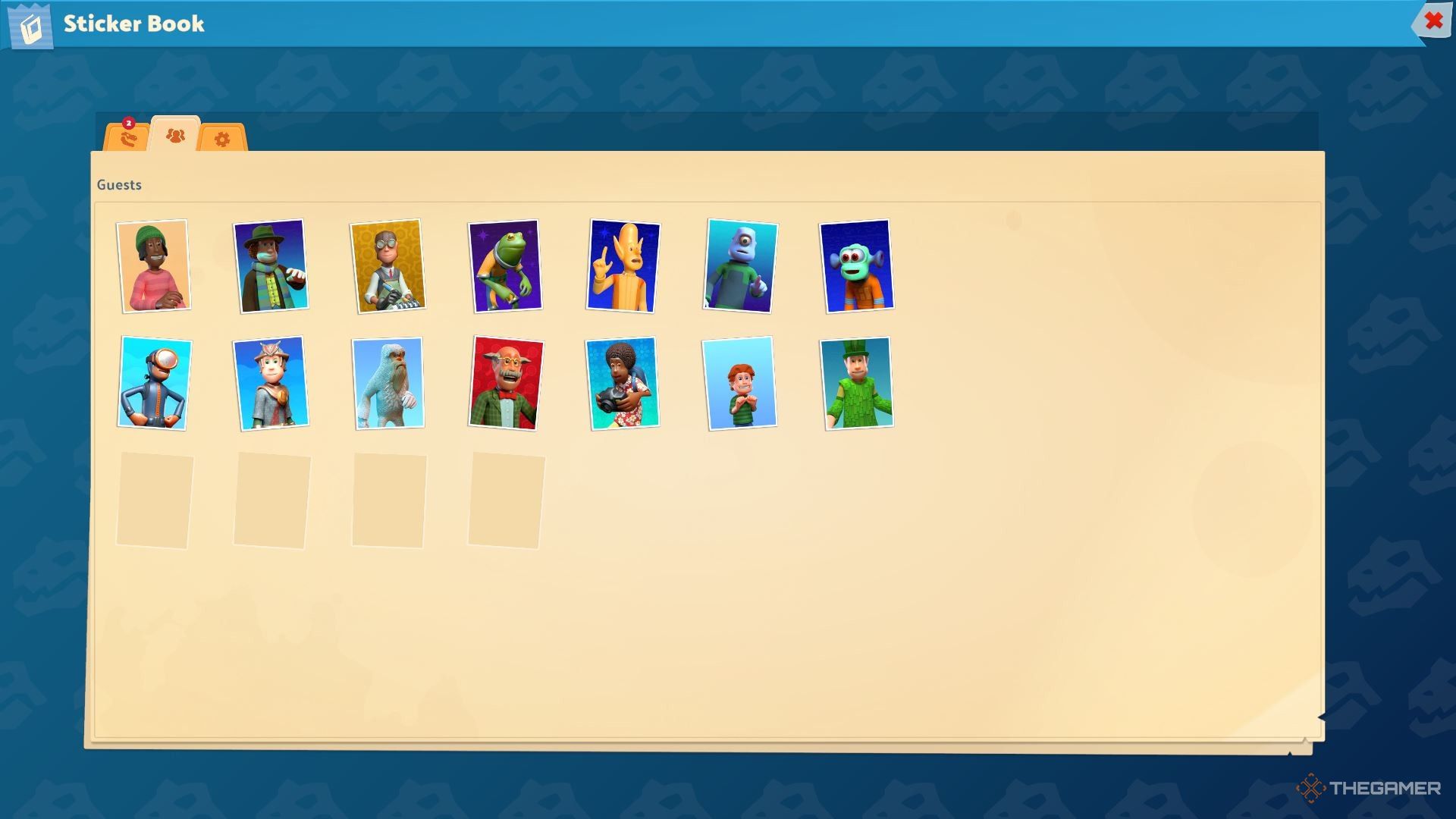 The Guests page in the sticker book in Two Point Museum.