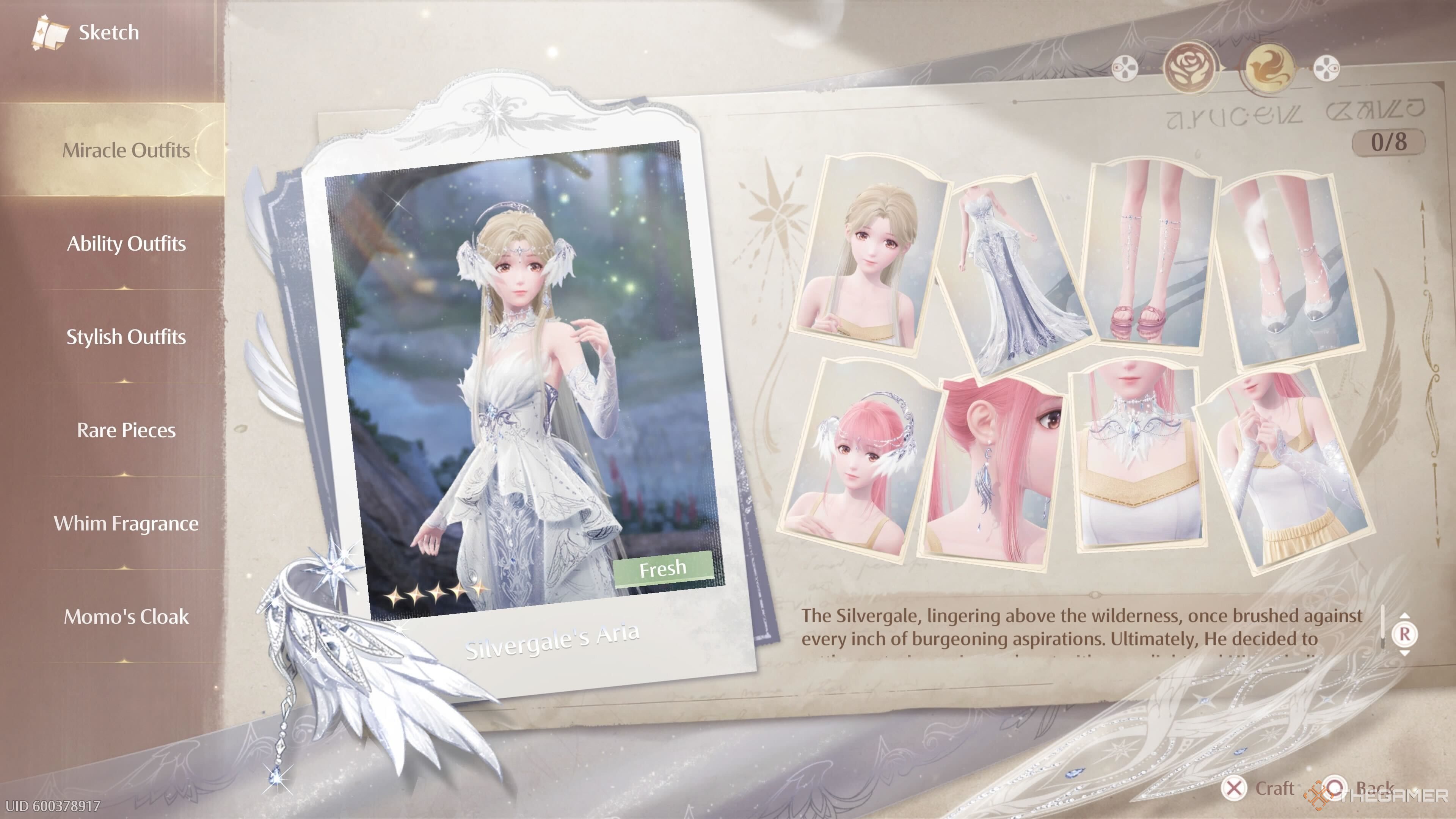 The menu selection for the Silvergale's Aria Miracle Outfit in Infinity Nikki.