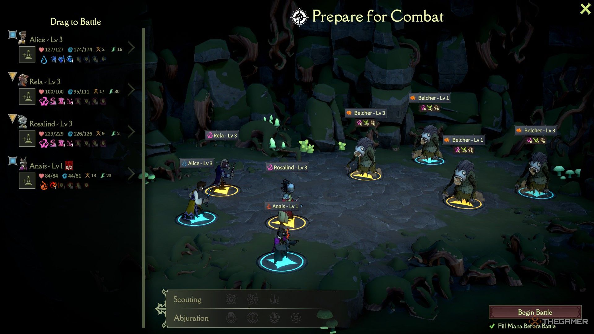 The preparation for combat menu is shown in Mind Over Magic.