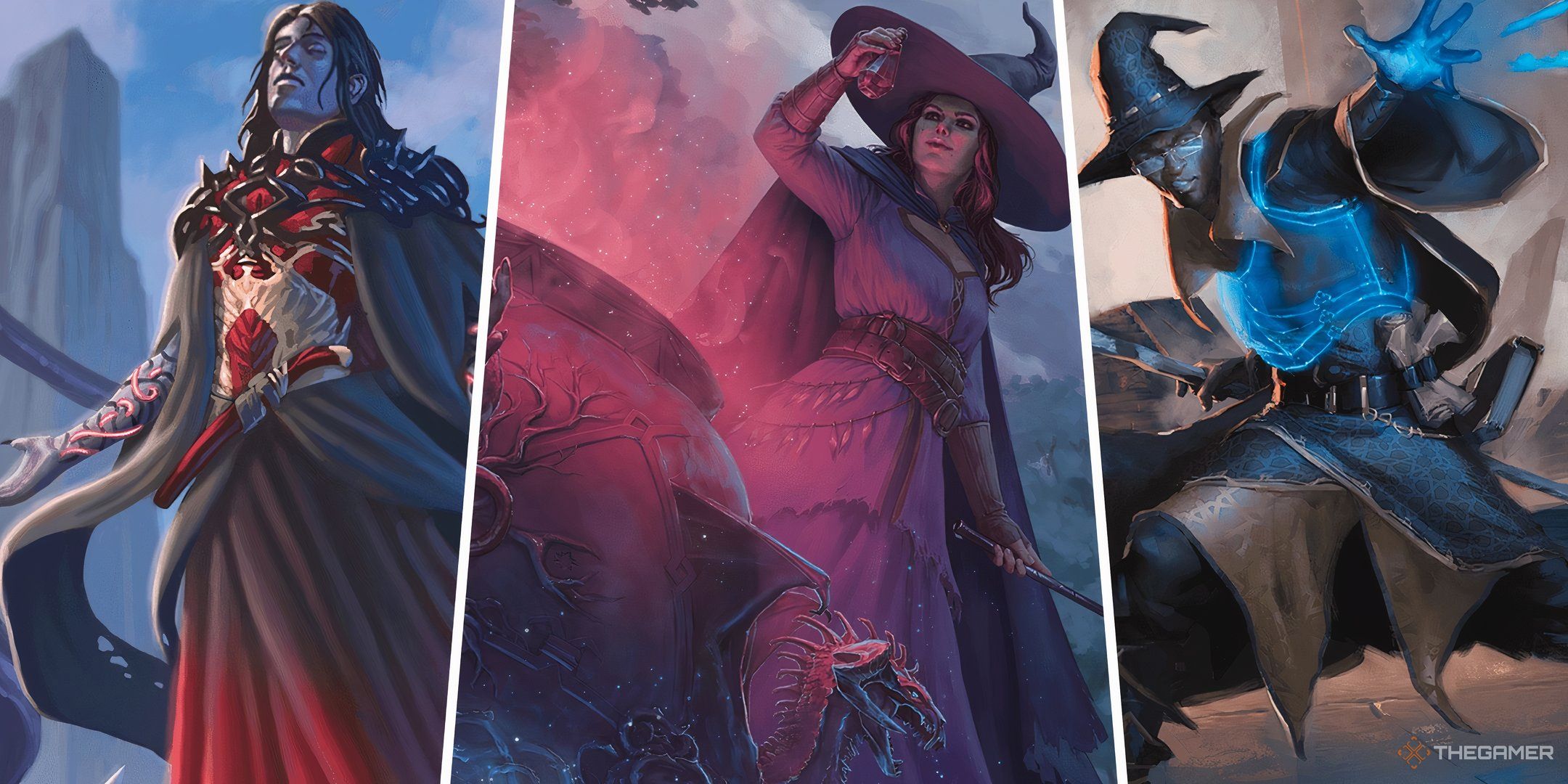 Three spellcasters in a split image, each casting a different magical effect in Dungeons and Dragons