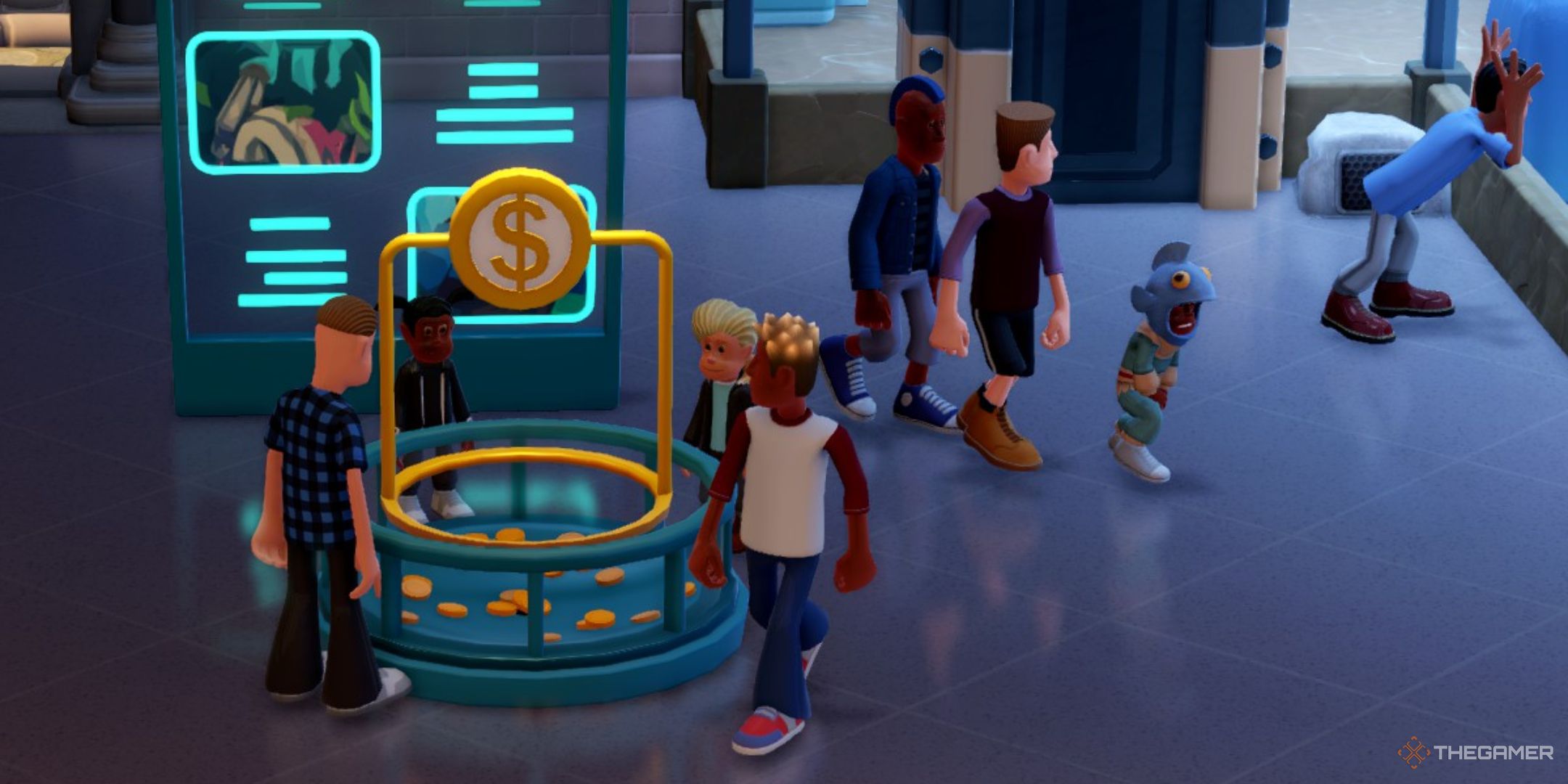 guests walk by a donation bin and a large aquarium in two point museum.