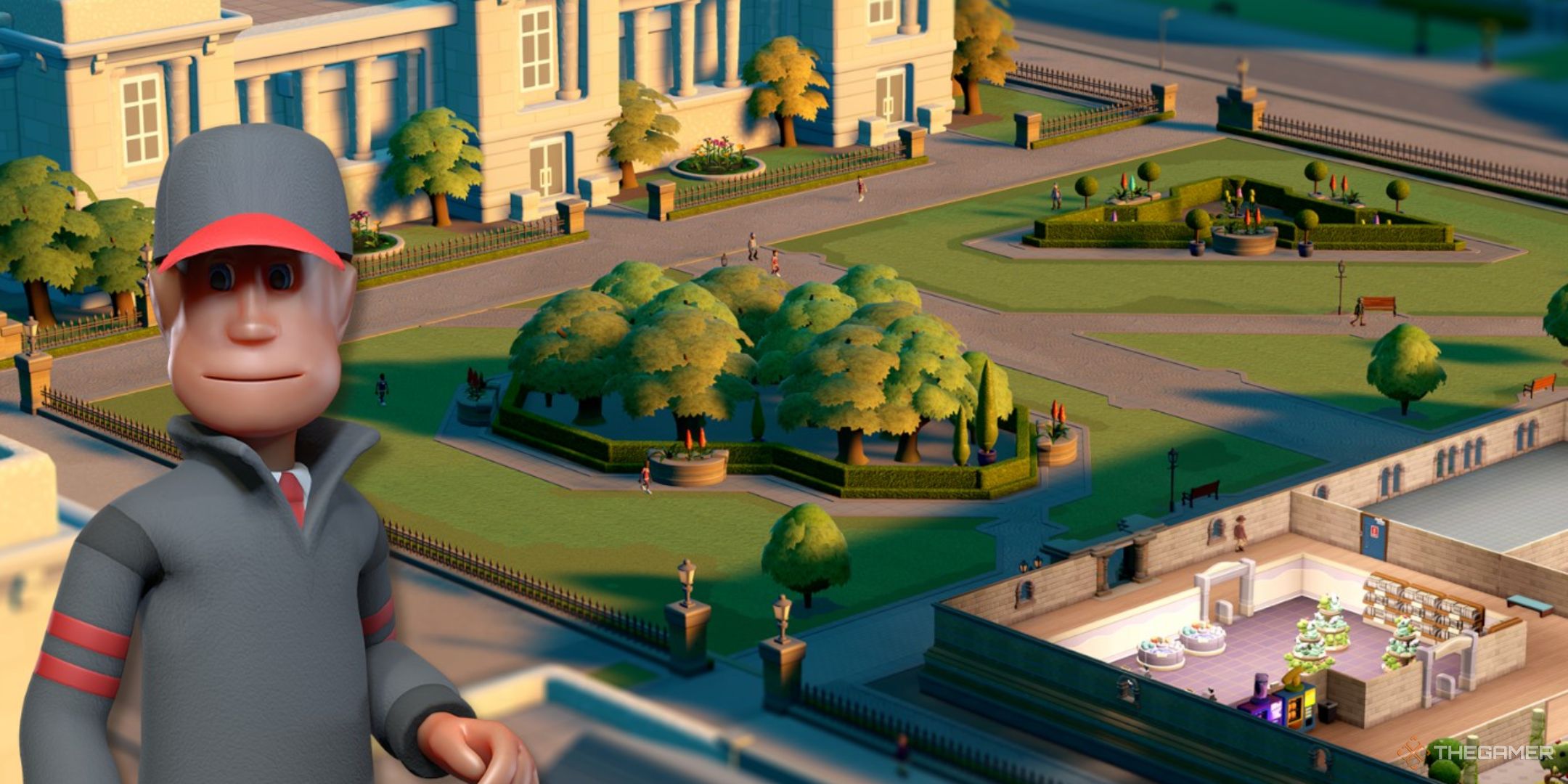 a security guard in a black-and-red uniform on the loading screen of two point museum.