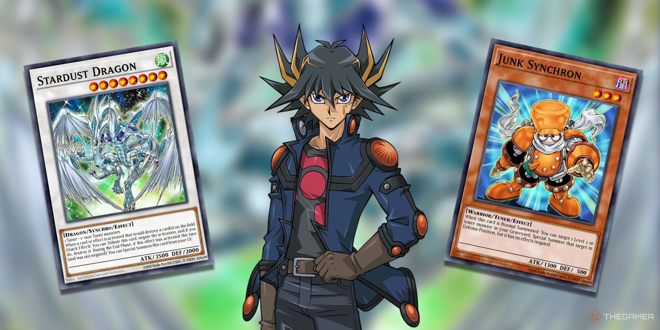 Yusei Fudo from Yu-Gi-Oh! 5Ds next to some of his best cards such as Junk Synchron and Stardust Dragon.