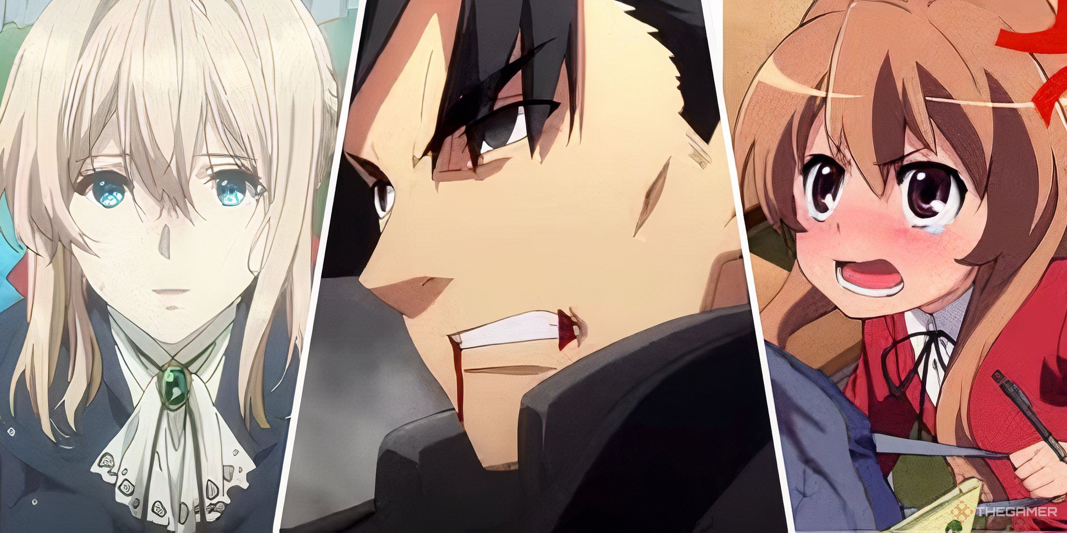 From left to right: Violet Evergarden from Violet Evergarden, Kiritsugu Emiya from Fate/Zero, and Taiga Aisaka from Toradora!