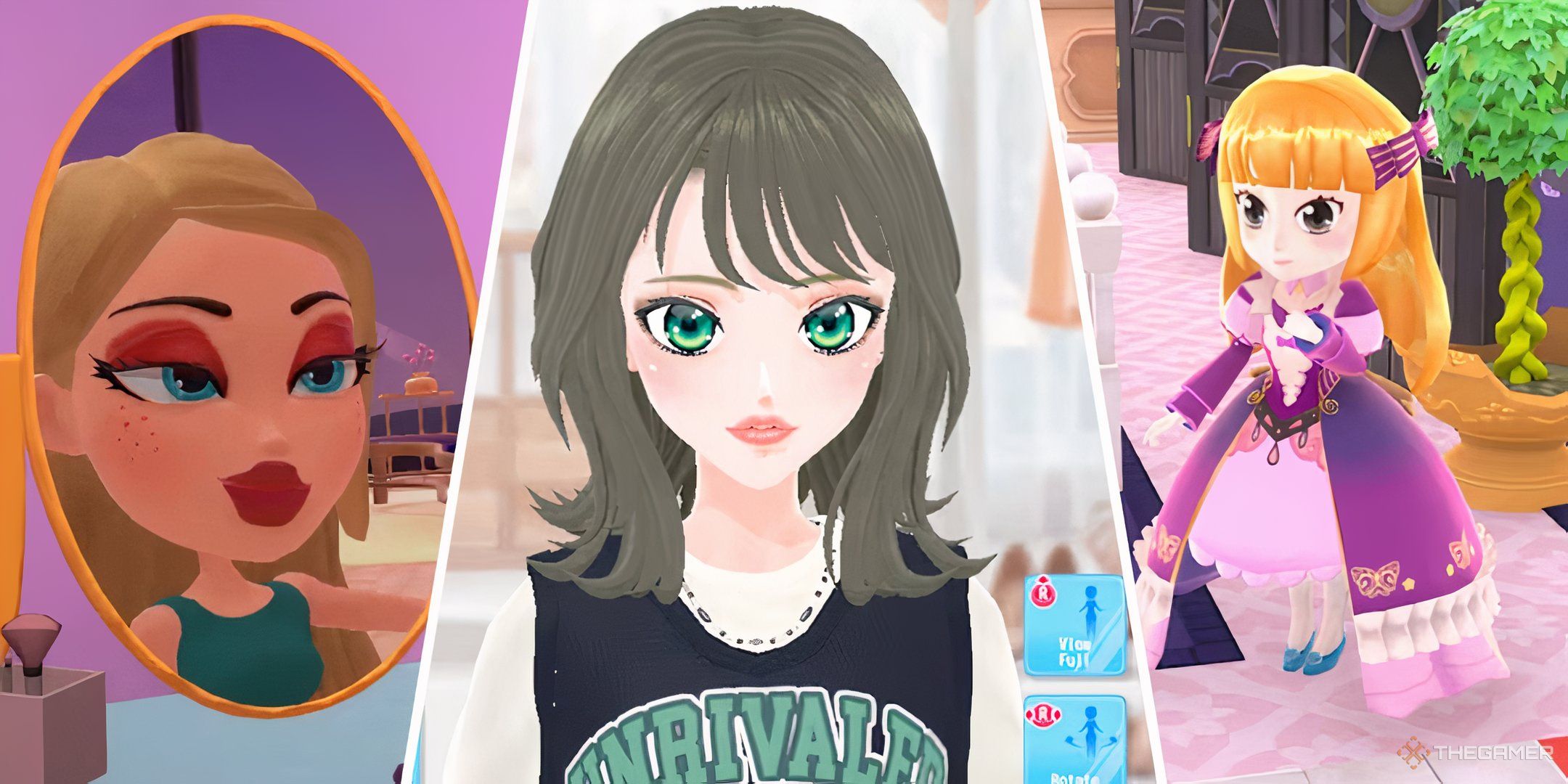 From left to right: A screenshot of Cloe from Bratz: Flaunt Your Fashion doing her make-up, a screenshot from MODEL3 Debut #nicola of a character getting her makeup done, a screenshot from Pretty Princess Party of a blonde princess with a pink and purple ballgown.