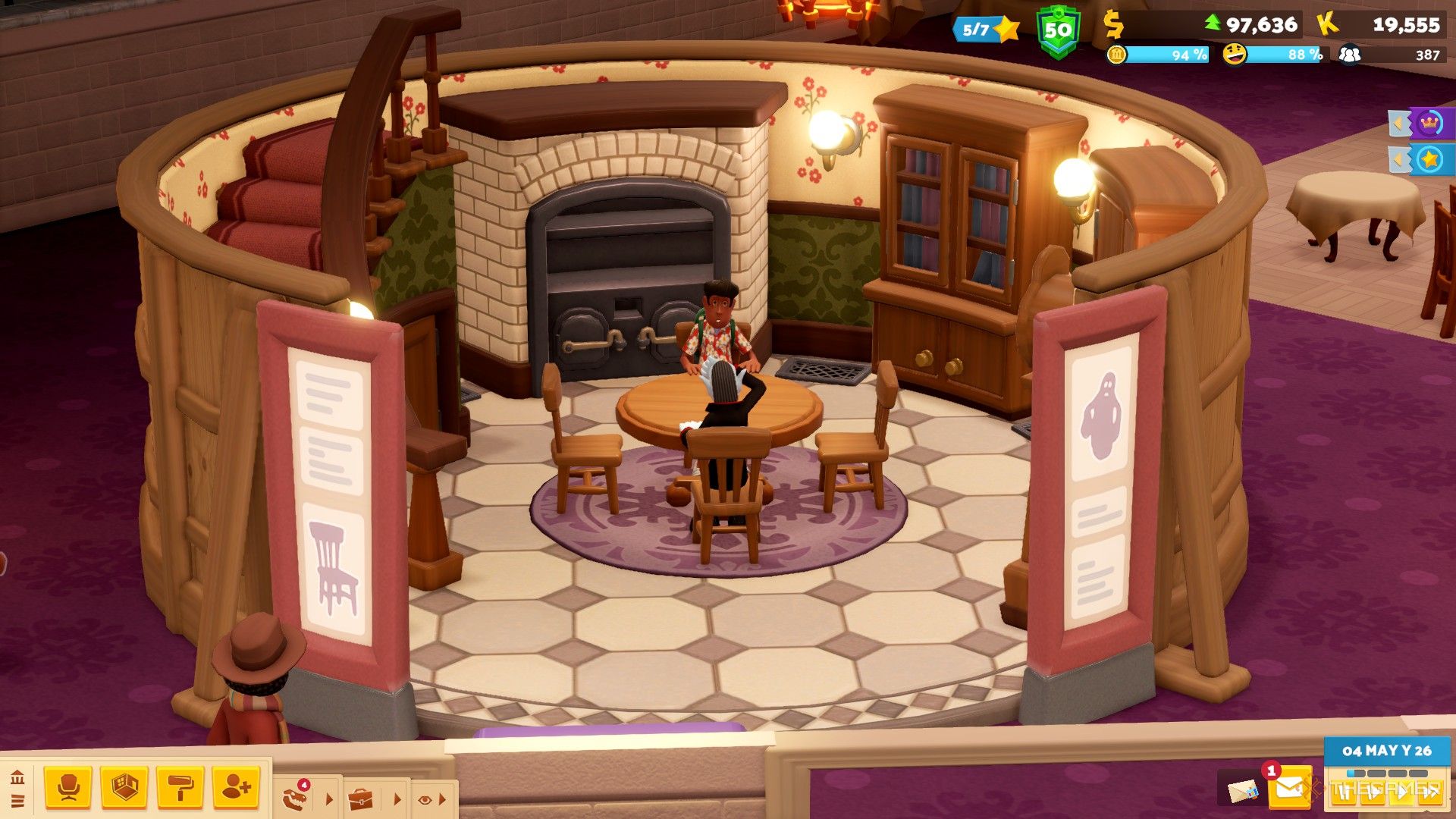 a human and vampire guest experience the seance simulator in two point museum.