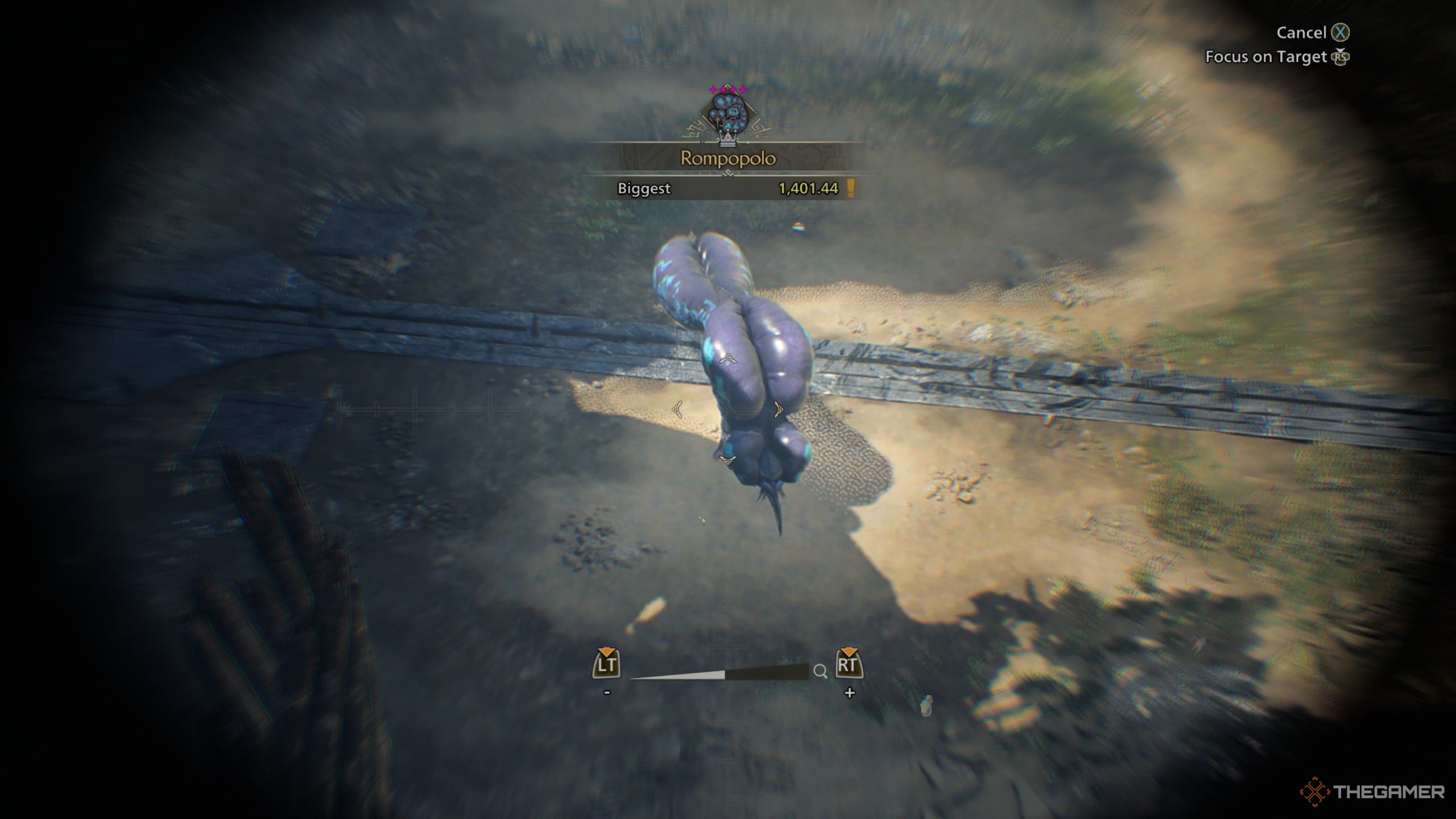 Looking at a large Rompopolo with binoculars in monster hunter wilds.