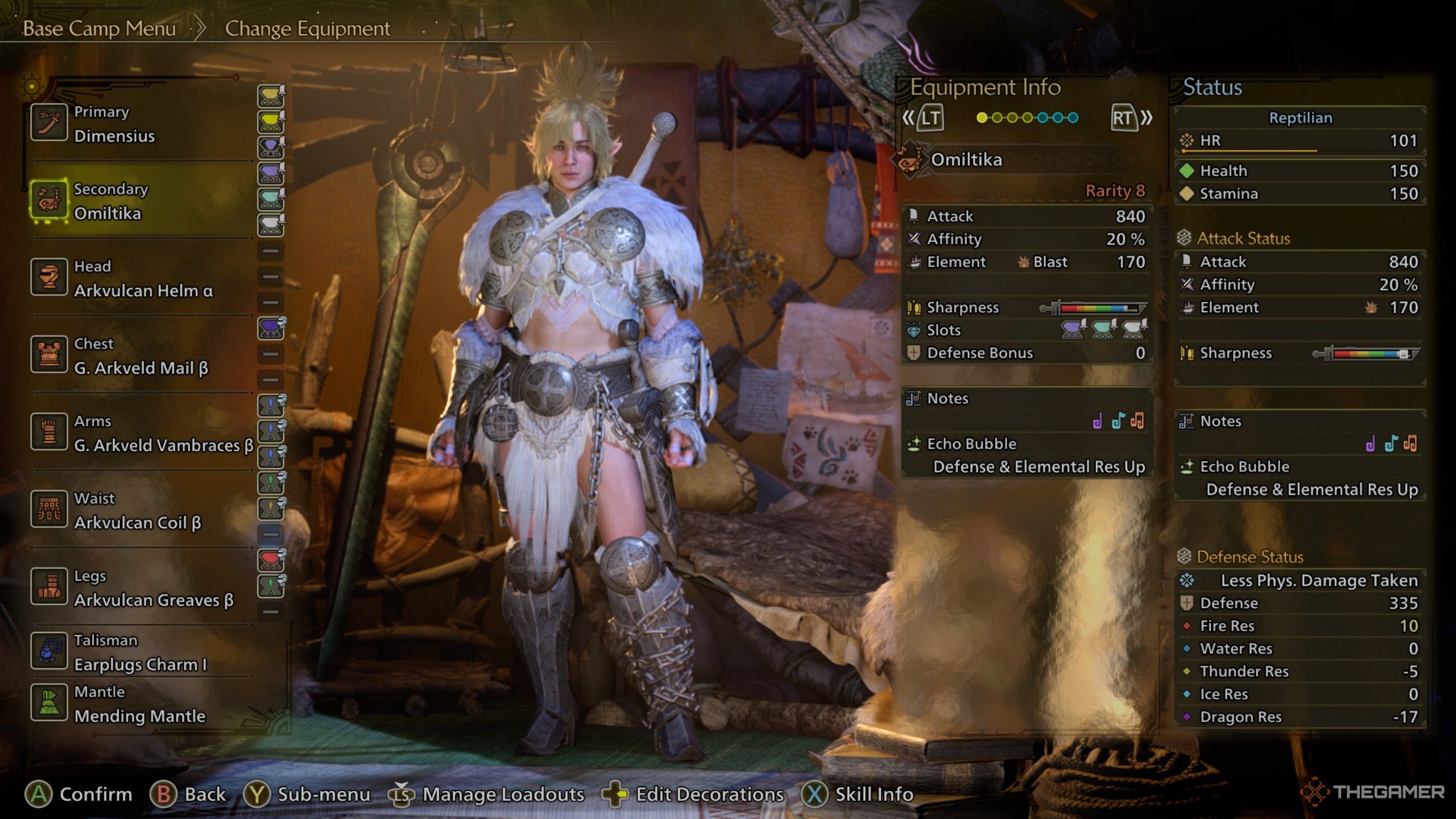 a hunter in their tent showing a hunting horn that deals blast build up in monster hunter wilds.