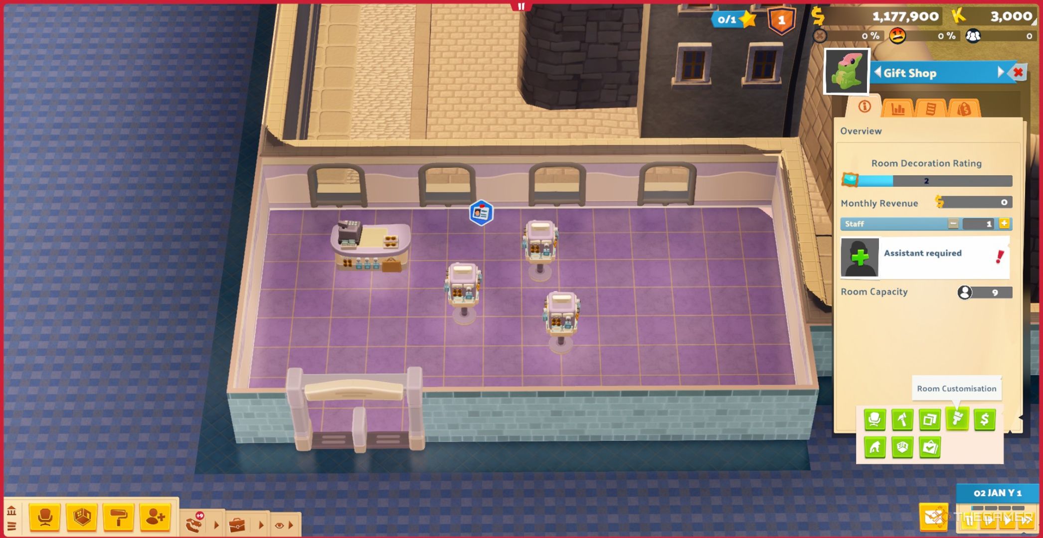 Empty Gift Shop room showing the assistant needed symbol above it and an open menu in Two Point Museum.