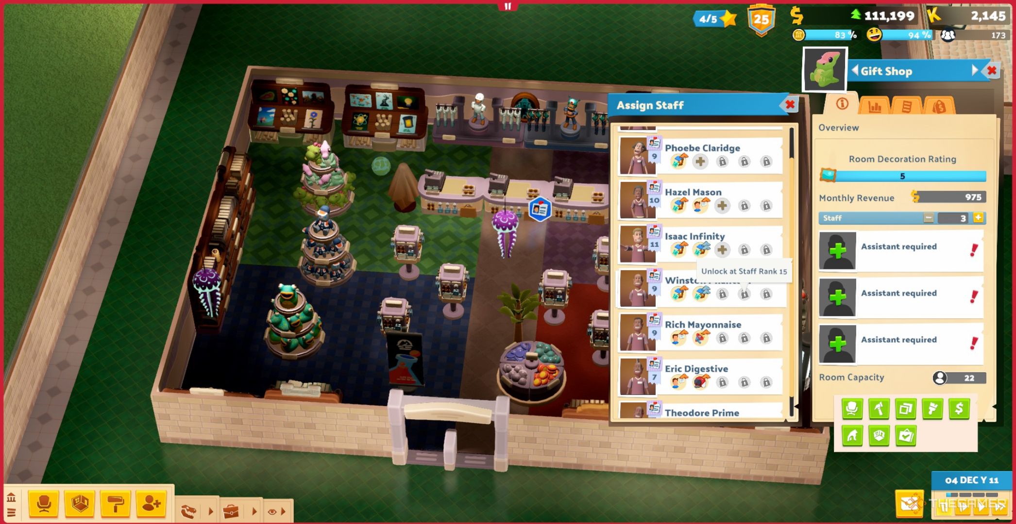 Large decorated gift shop showing the menu panel with assistants to be added and the room capacity number in Two Point Museum.
