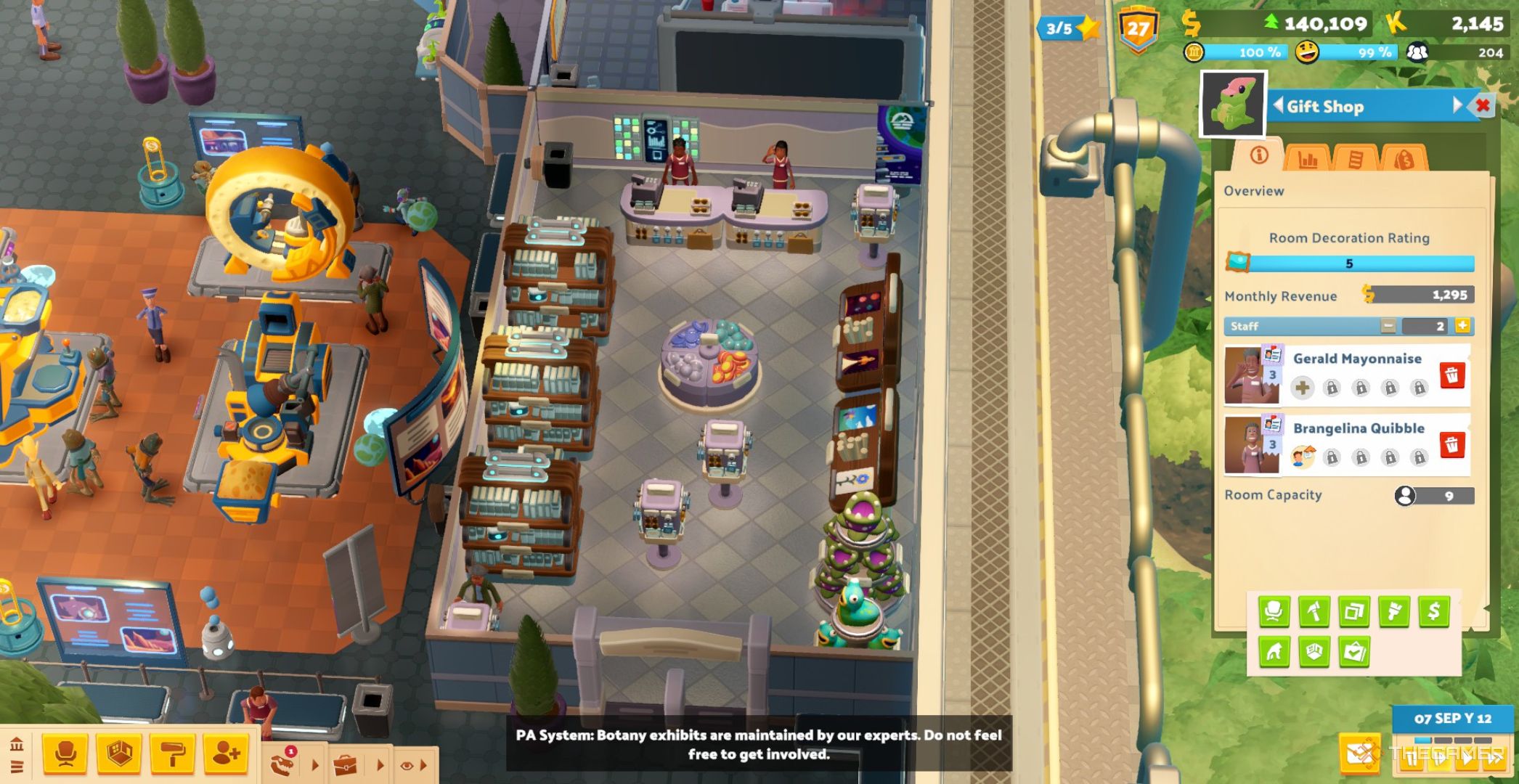 Long shaped gift shop on the Pebberly Heights map with two checkouts and one professor in Two Point Museum.