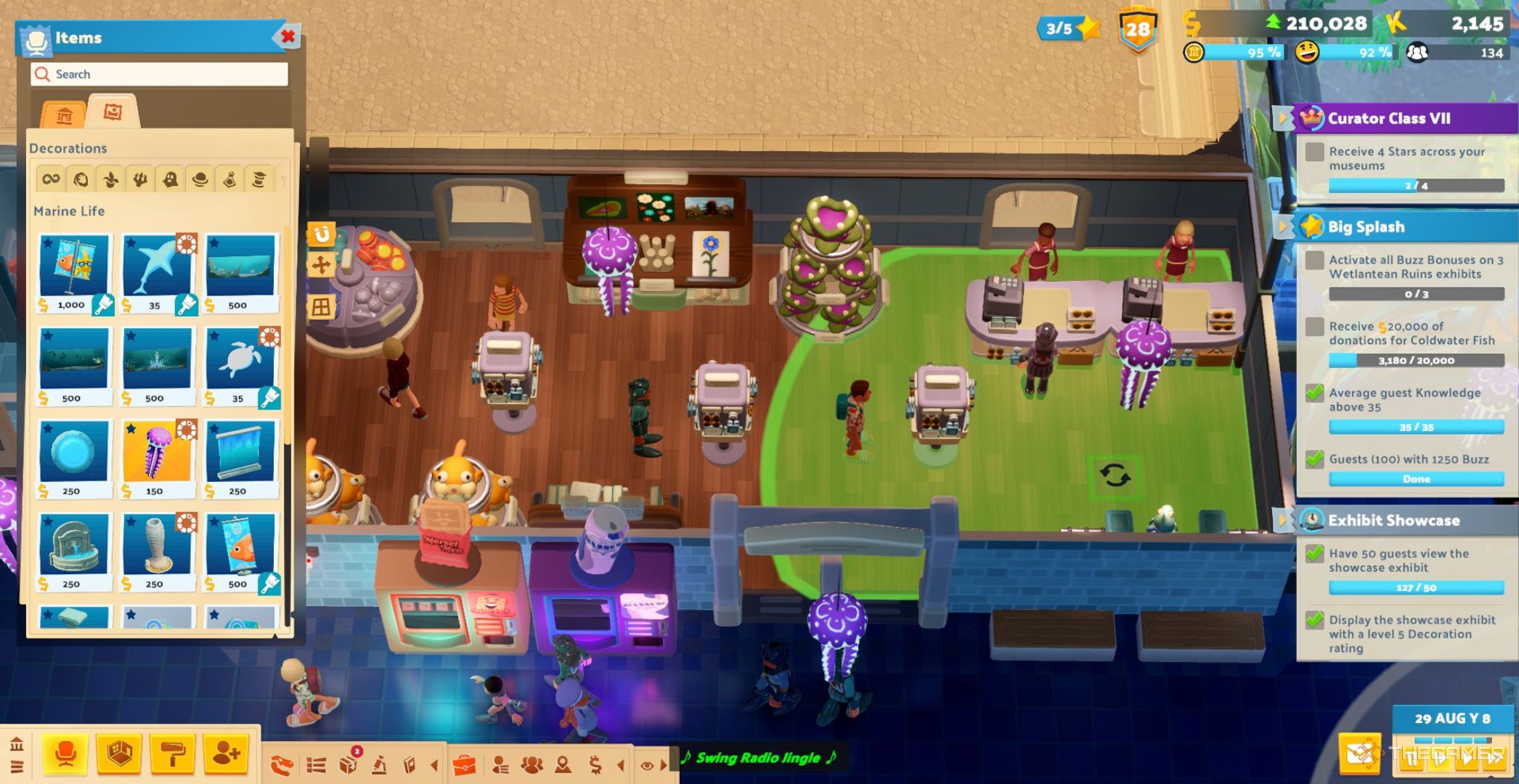Player character adding Marine themed decorations to a gift shop in Passwater Cover in Two Point Museum.