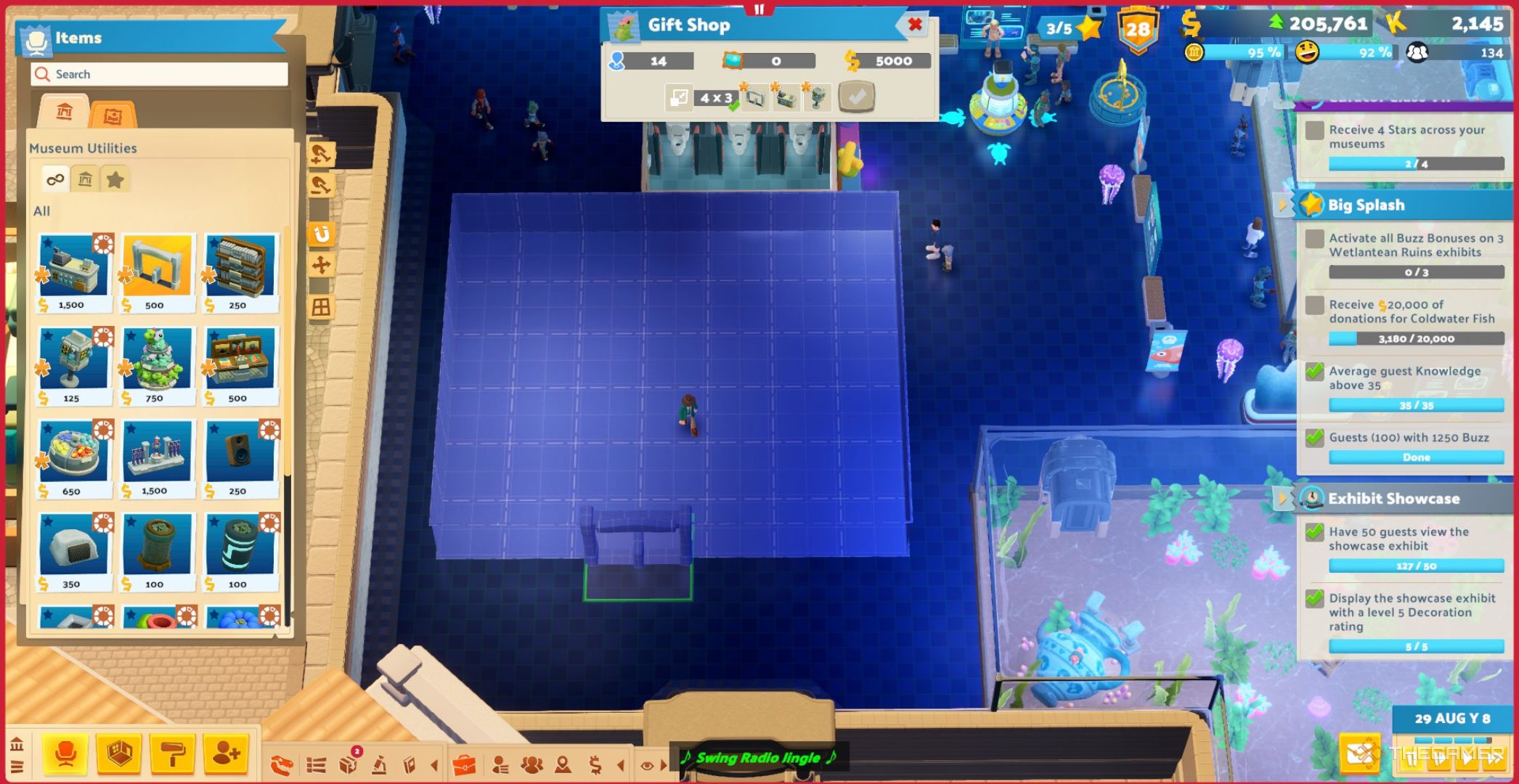 Player creating a large seven-by-six gift shop with a capacity of 14 people in Two Point Museum.