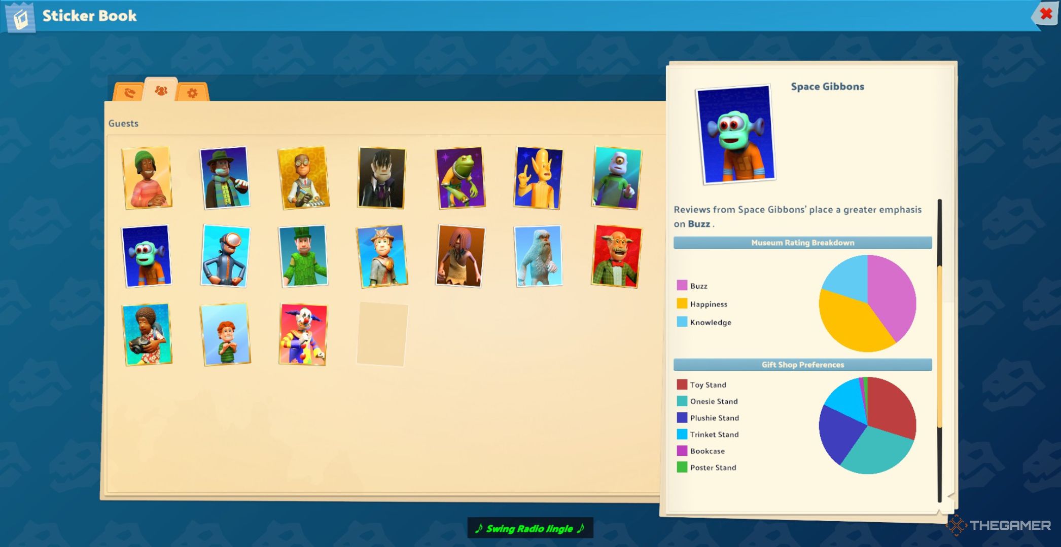 Guest tab focusing on the Space Gibbon information and showing their Gift Shop preferences in Two Point Museum.