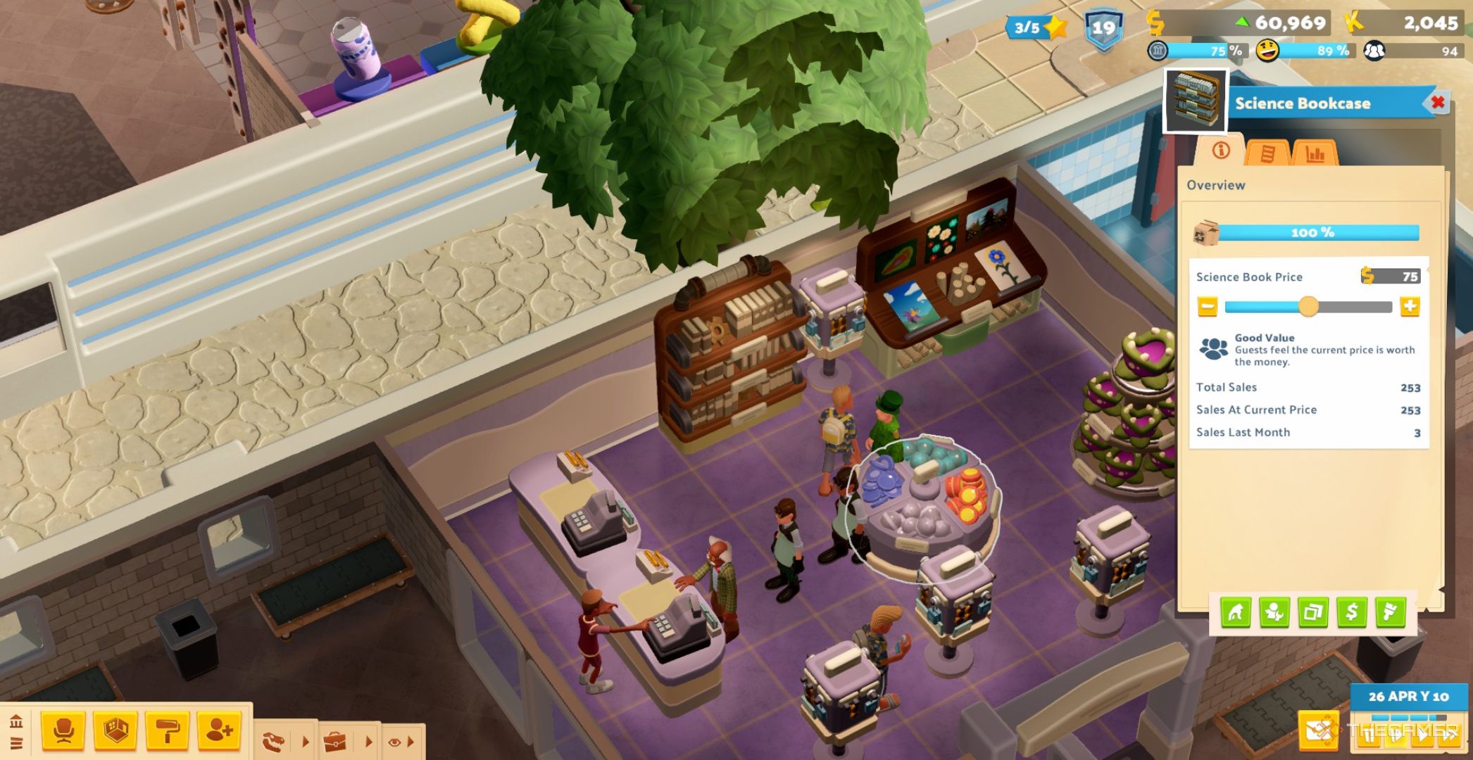 Adding Science Bookshelf to gift shop with botany and Science items in Bungle Wasteland in Two Point Museum.
