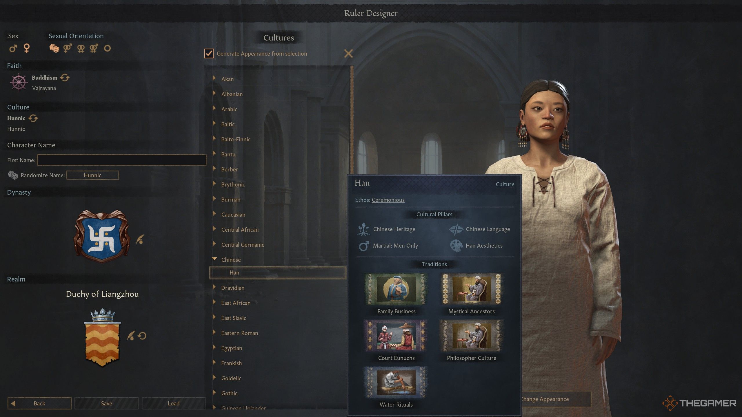 A custom han character in the character creator in crusader kings 3.