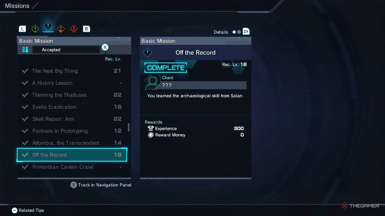 A screenshot of the quest menu for the first Off the Record quest in Xenoblade Chronicles X: Definitive Edition.