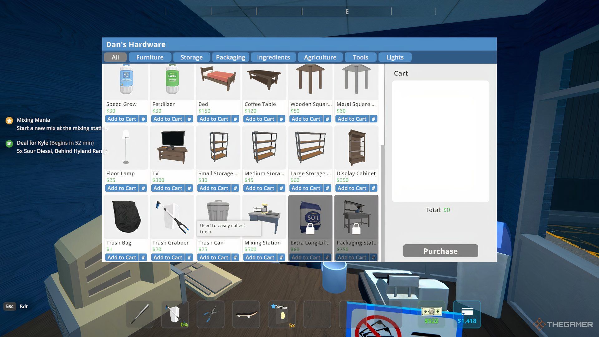 Player character shopping at Dan's Hardware and buying a Trash Grabber in Schedule 1.
