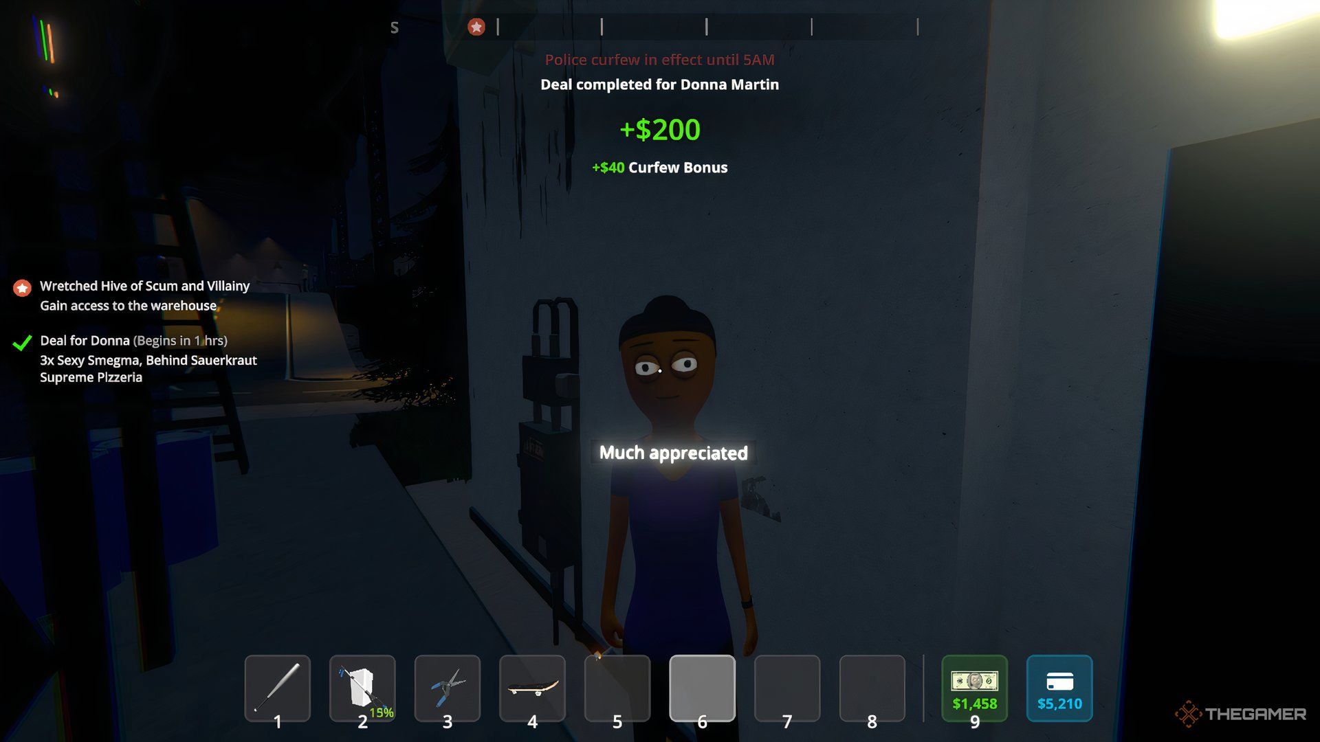 Player character getting the Curfew Bonus of 40 dollars for delivering at night in Schedule 1.