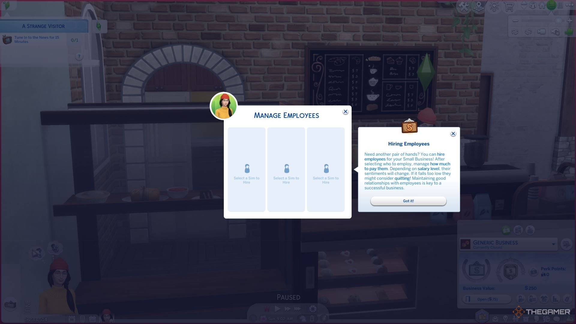 A blank hiring menu for Managing Employees in The Sims 4 Businesses and Hobbies.