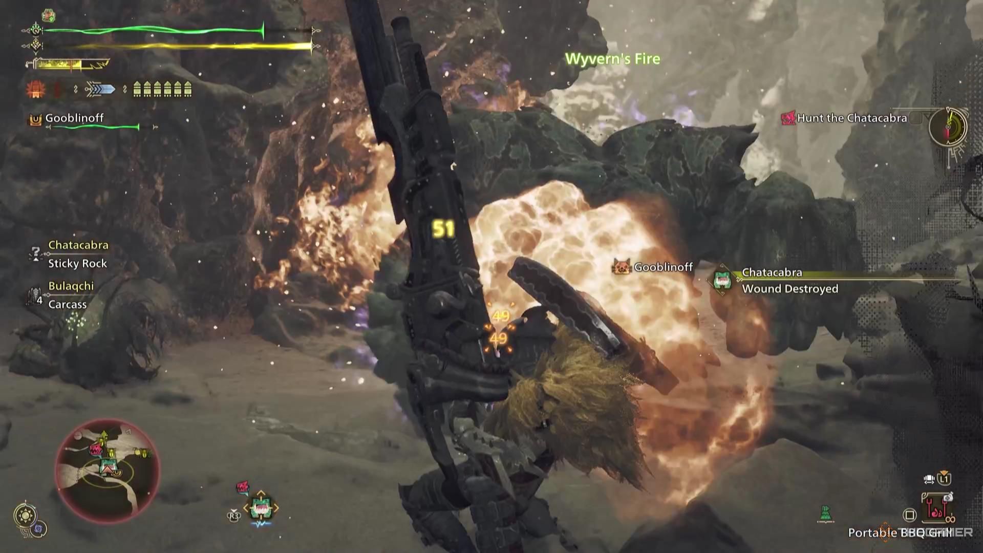 A Hunter fires a large blast into a monster in Monster Hunter Wilds.