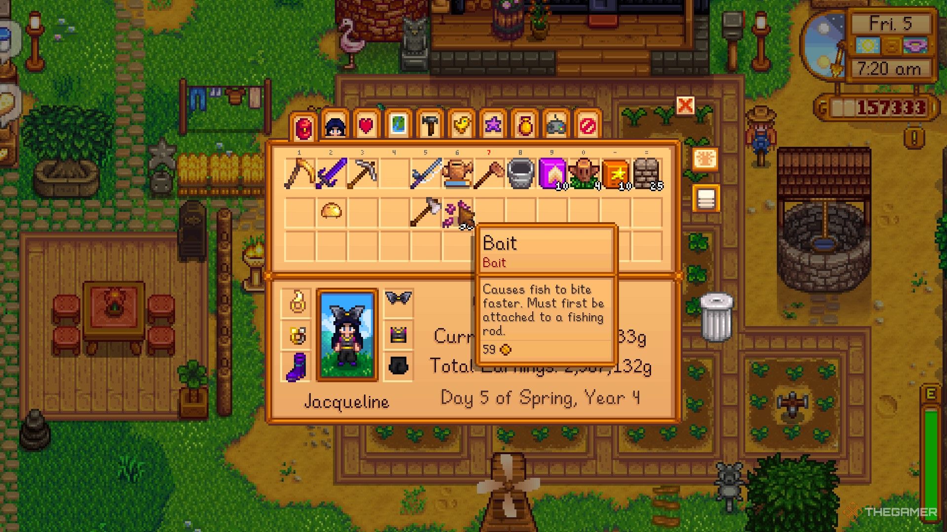 A player looking at bait in their Inventory in Stardew Valley.