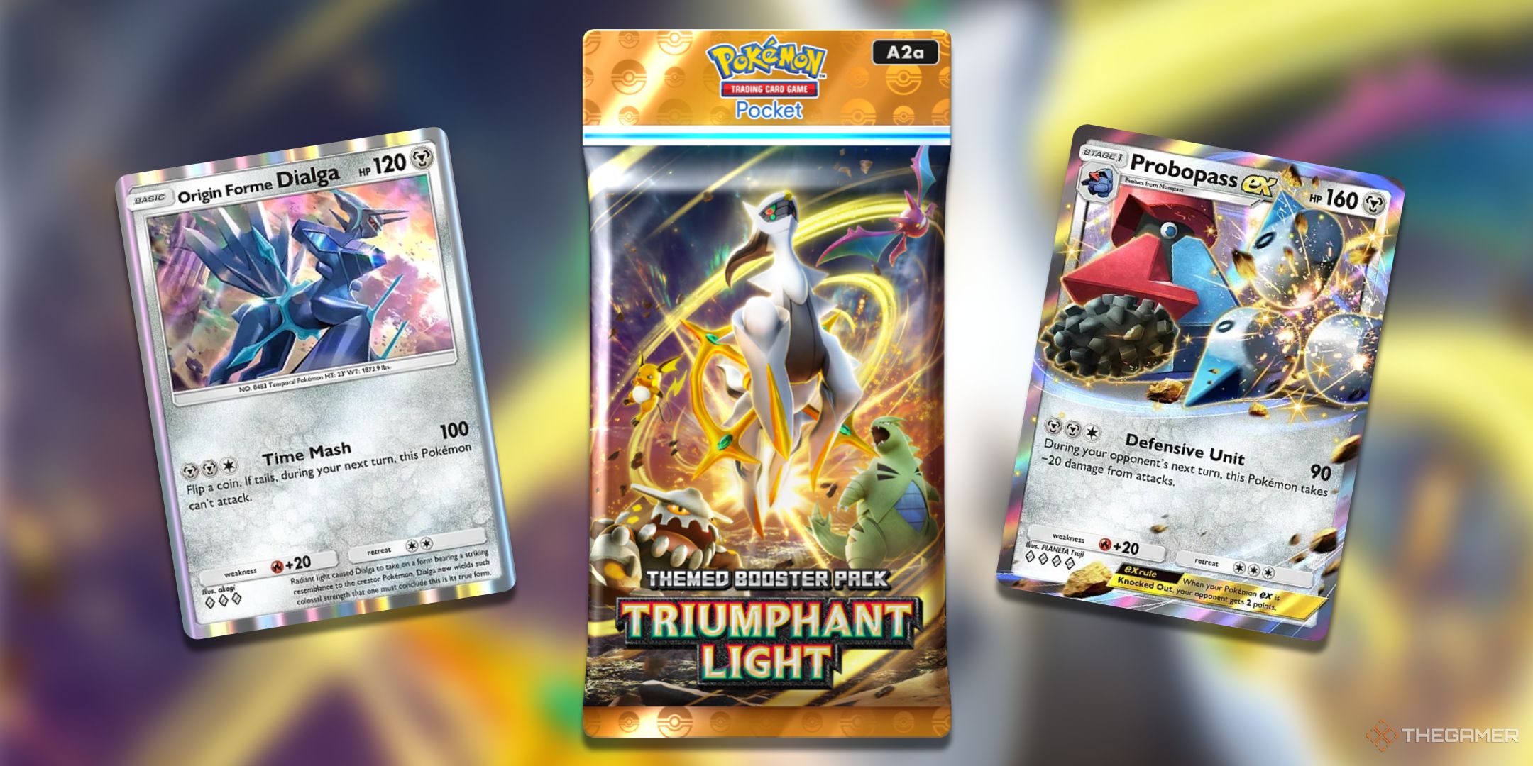 A Pokemon TCG Pocket Triumphant Light booster pack surrounded by competitive Steel-type cards such as Probopass ex and Origin Forme Dialga.