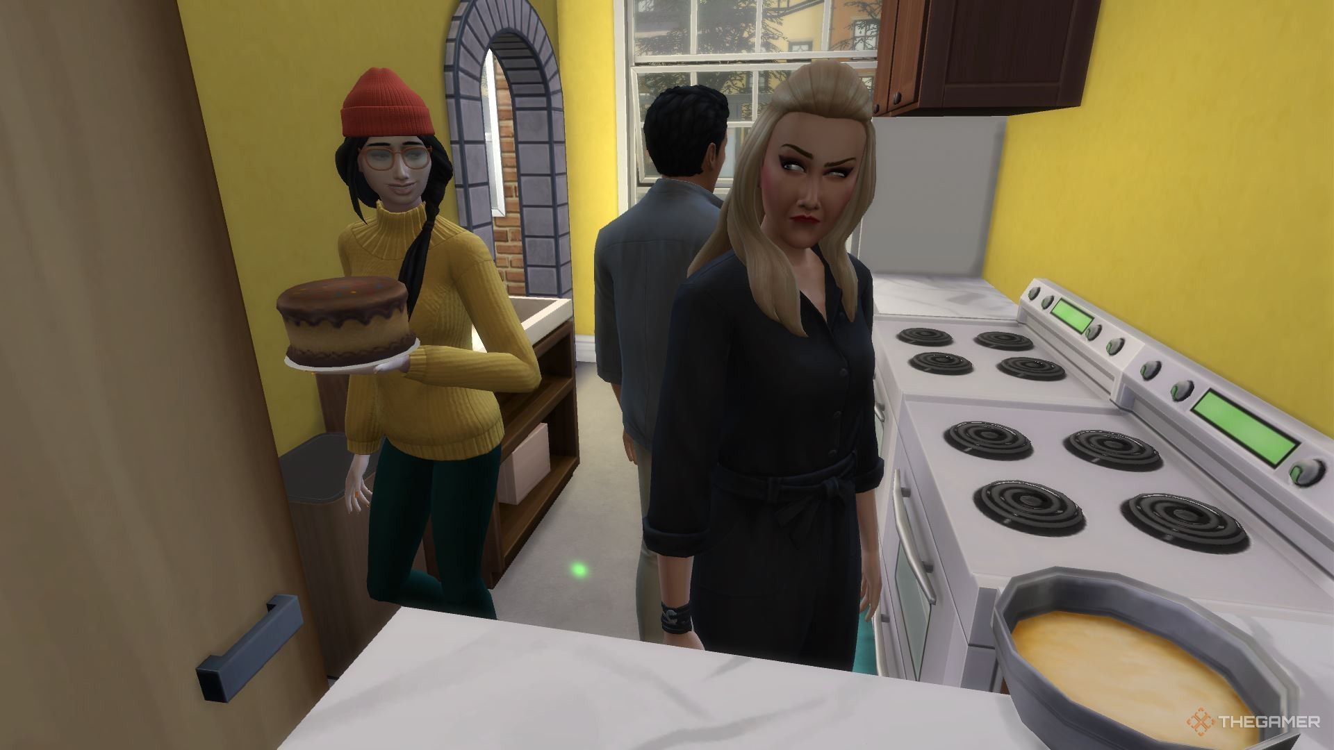A Sim holding a cake while another makes another dessert in a kithen in The Sims 4 Businesses and Hobbies.