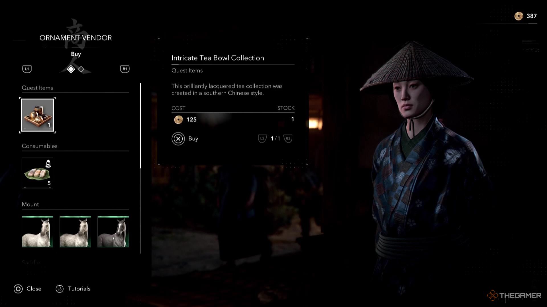 A vendor offering a variety of items in Assassin's Creed Shadows.