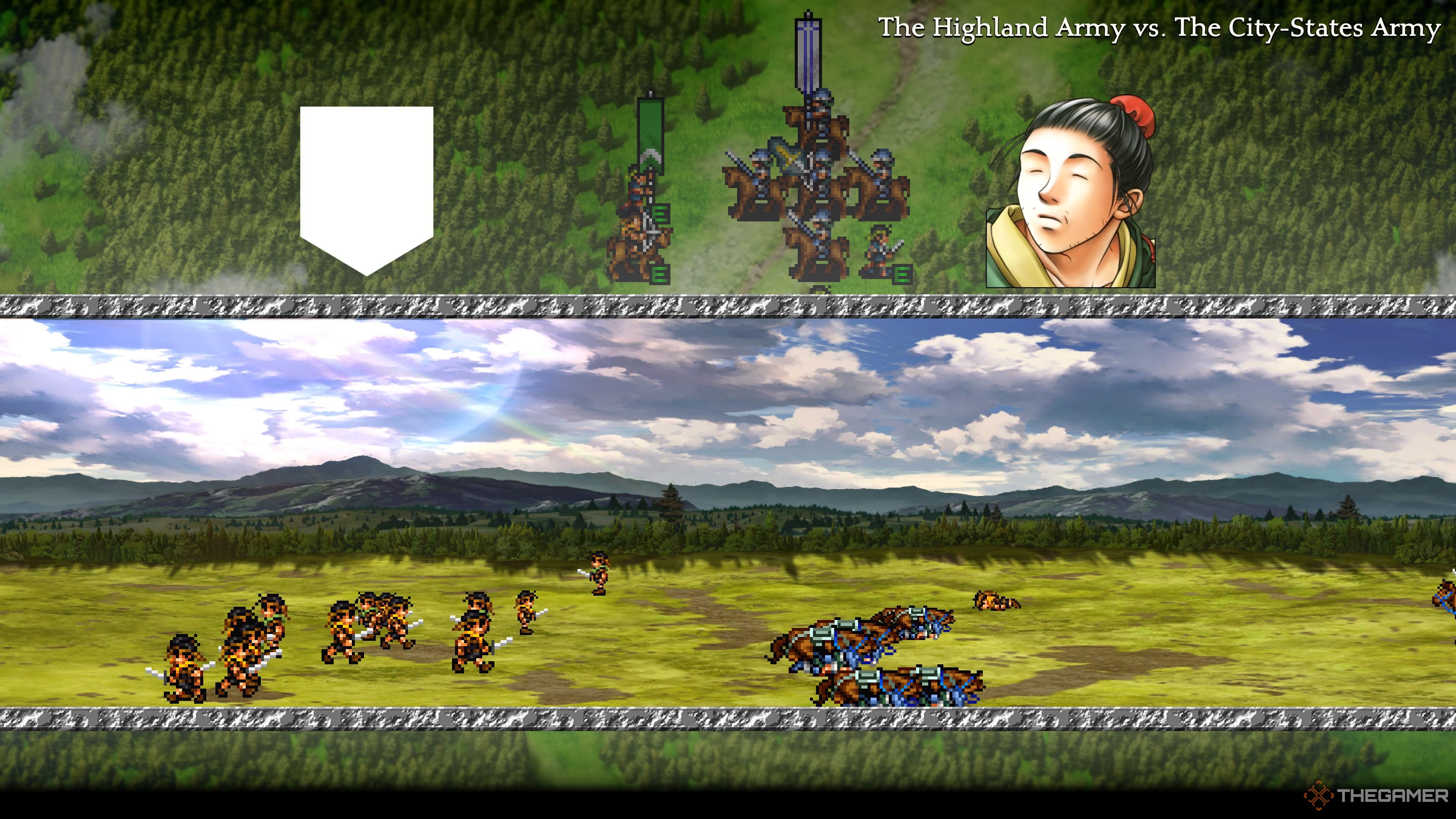 A war battle in the Suikoden 2 HD Remaster.