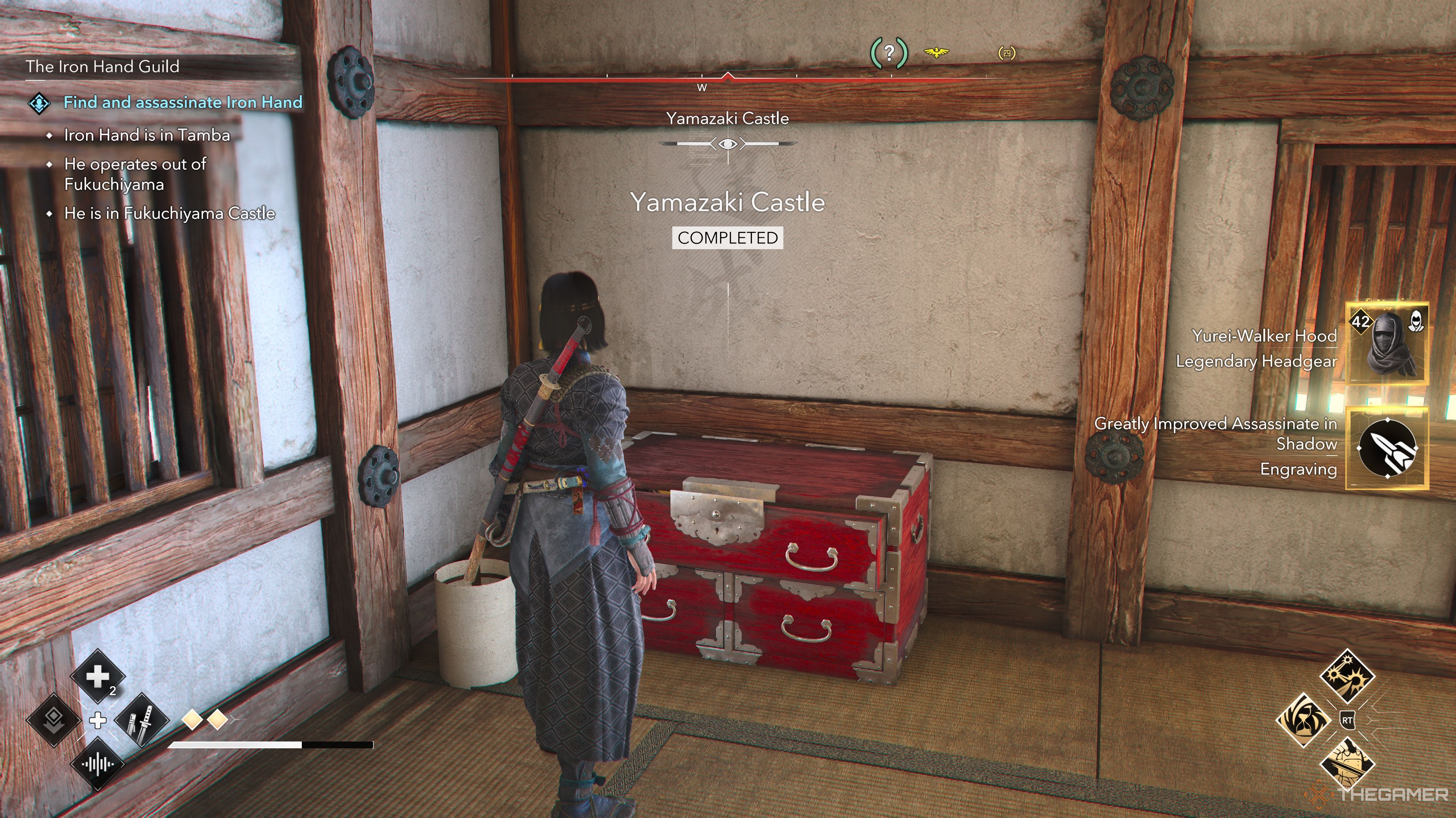 The Yamazaki Castle Rewards including the Yurei-Walker Hood in Assassin's Creed Shadows.