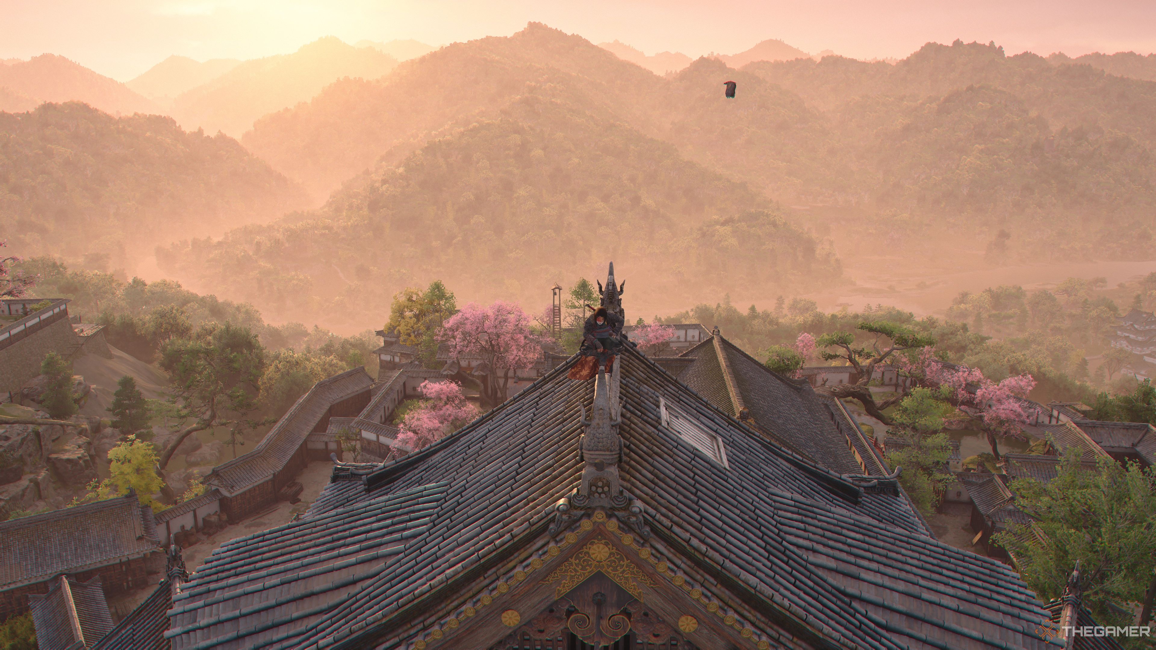 Naoe atop the Yamazaki Castle Viewpoint in Assassin's Creed Shadows.