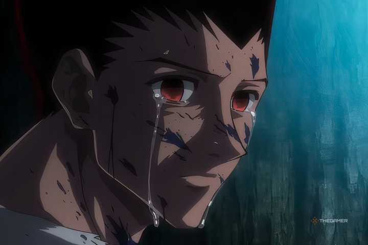 Adult Gon crying with a blank expression on his face in Hunter x Hunter.