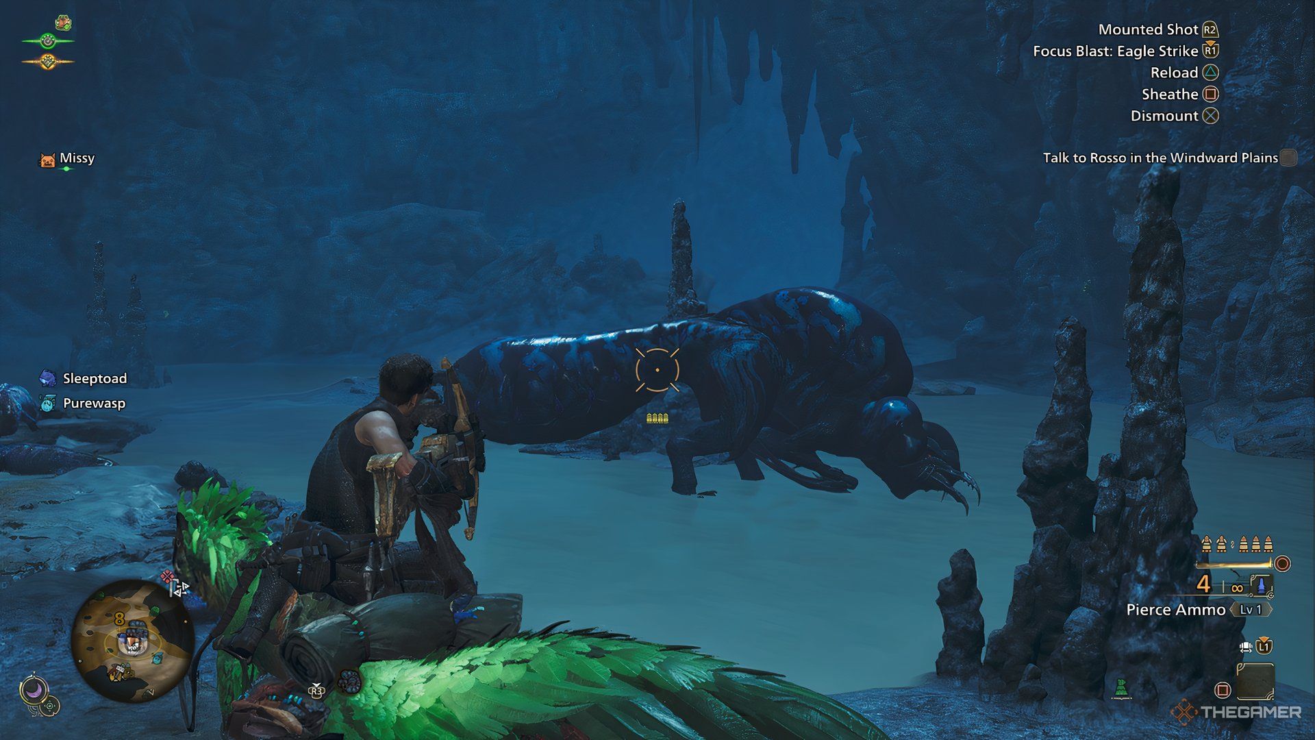 Aiming at a monster while on a Seikret in Monster Hunter Wilds.