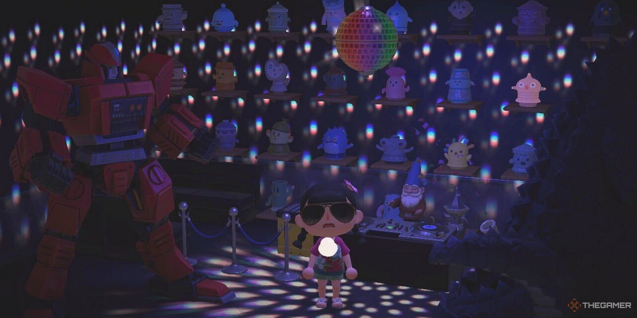 An ACNH player in a custom night club with gyroids and the transformer statue in Animal Crossing New Horizons.