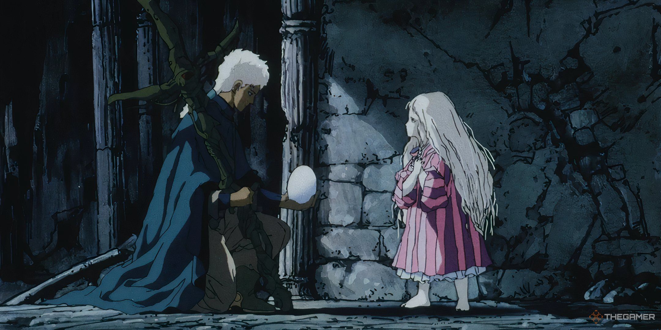 A screenshot from Angel's Egg, with the man holding the egg and kneeling in front of a little girl with white hair.