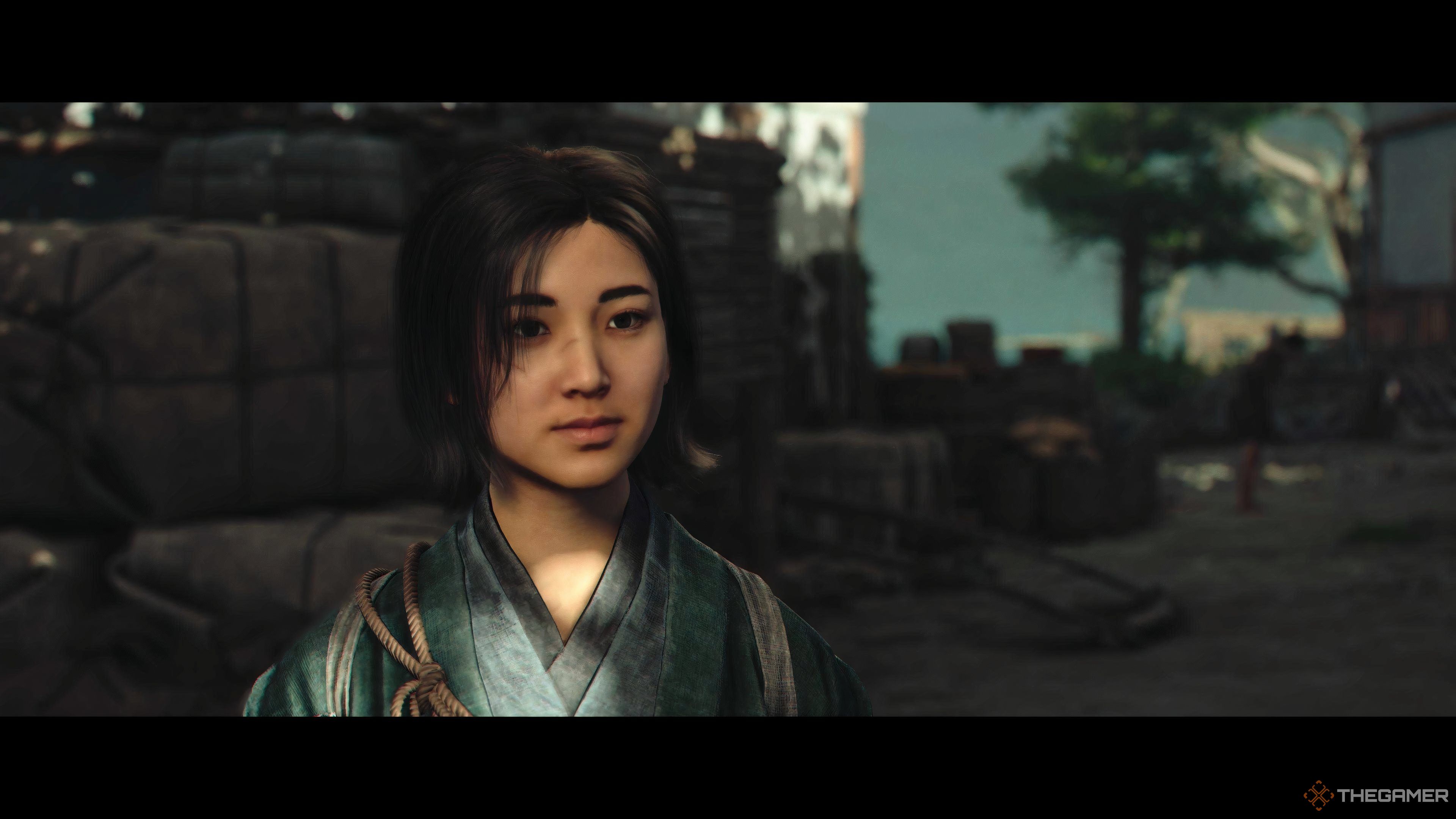 Close-up of Naoe standing outside during a cutscene in Assassin's Creed Shadows.