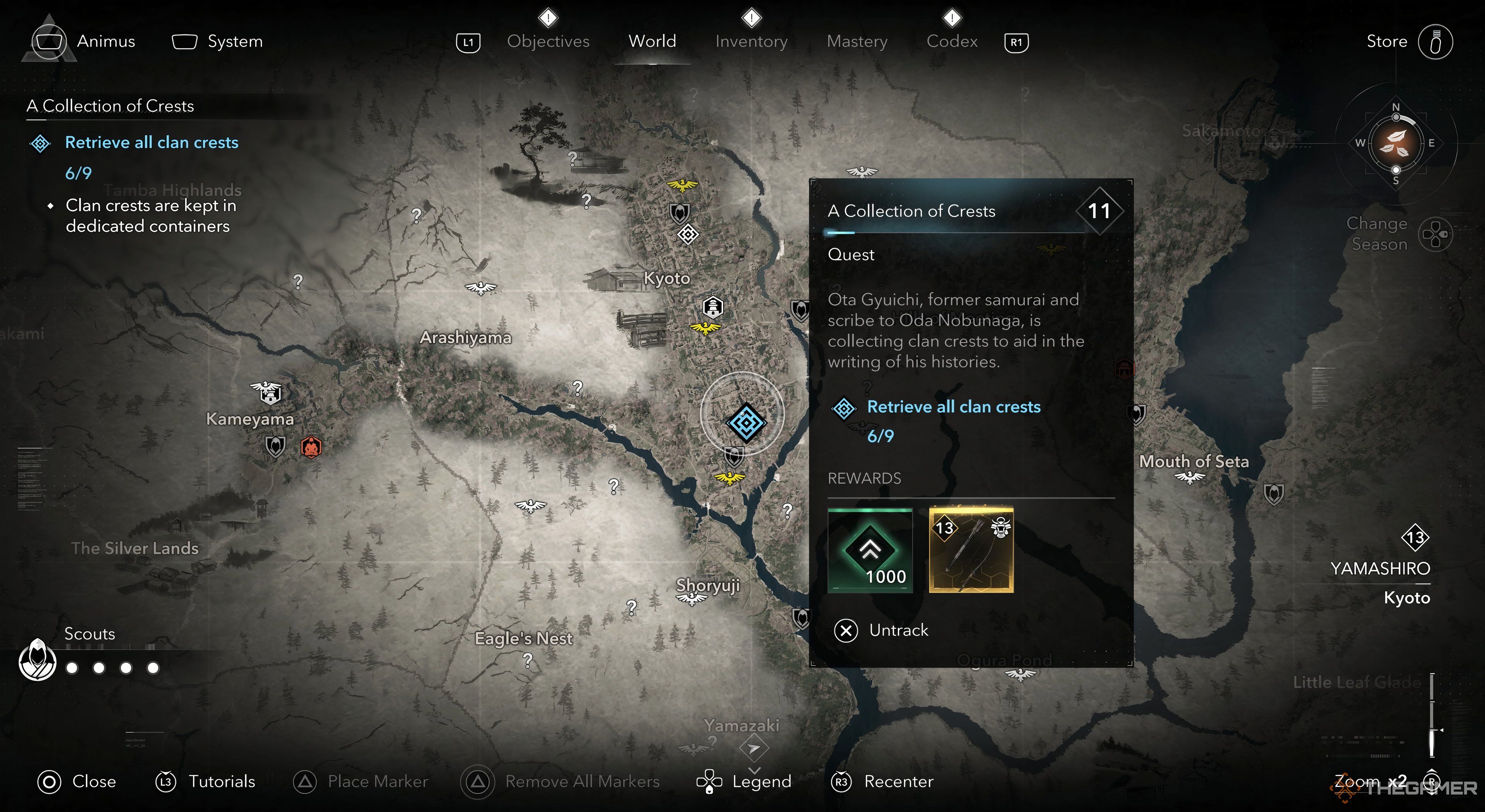 Assassins Creed Shadows The Collection of Crests quest selected with the information card infront of the map. 