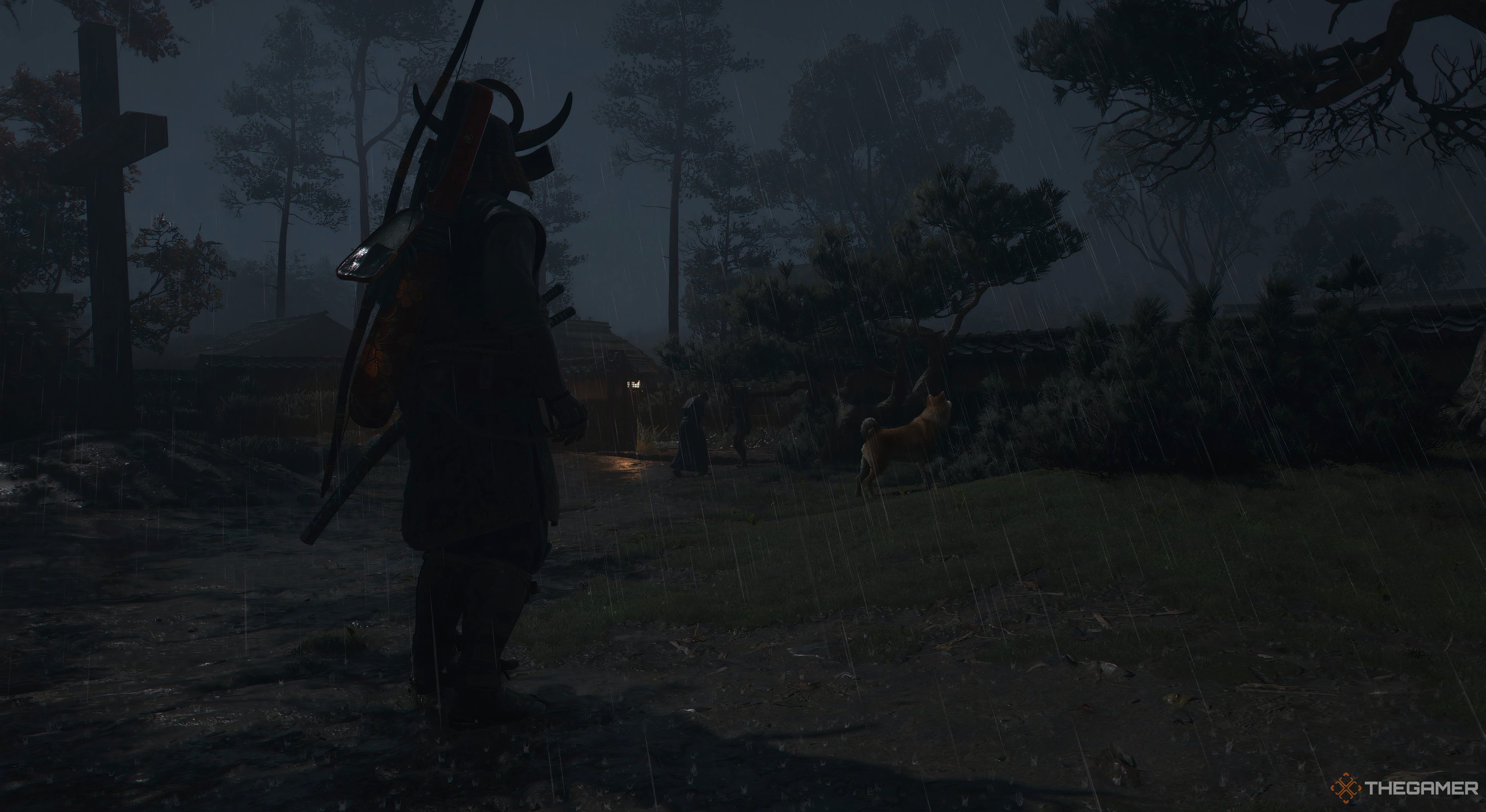 Assassins Creed Shadows Yaskue in the rain looking at a dog. There are two people in the distance.