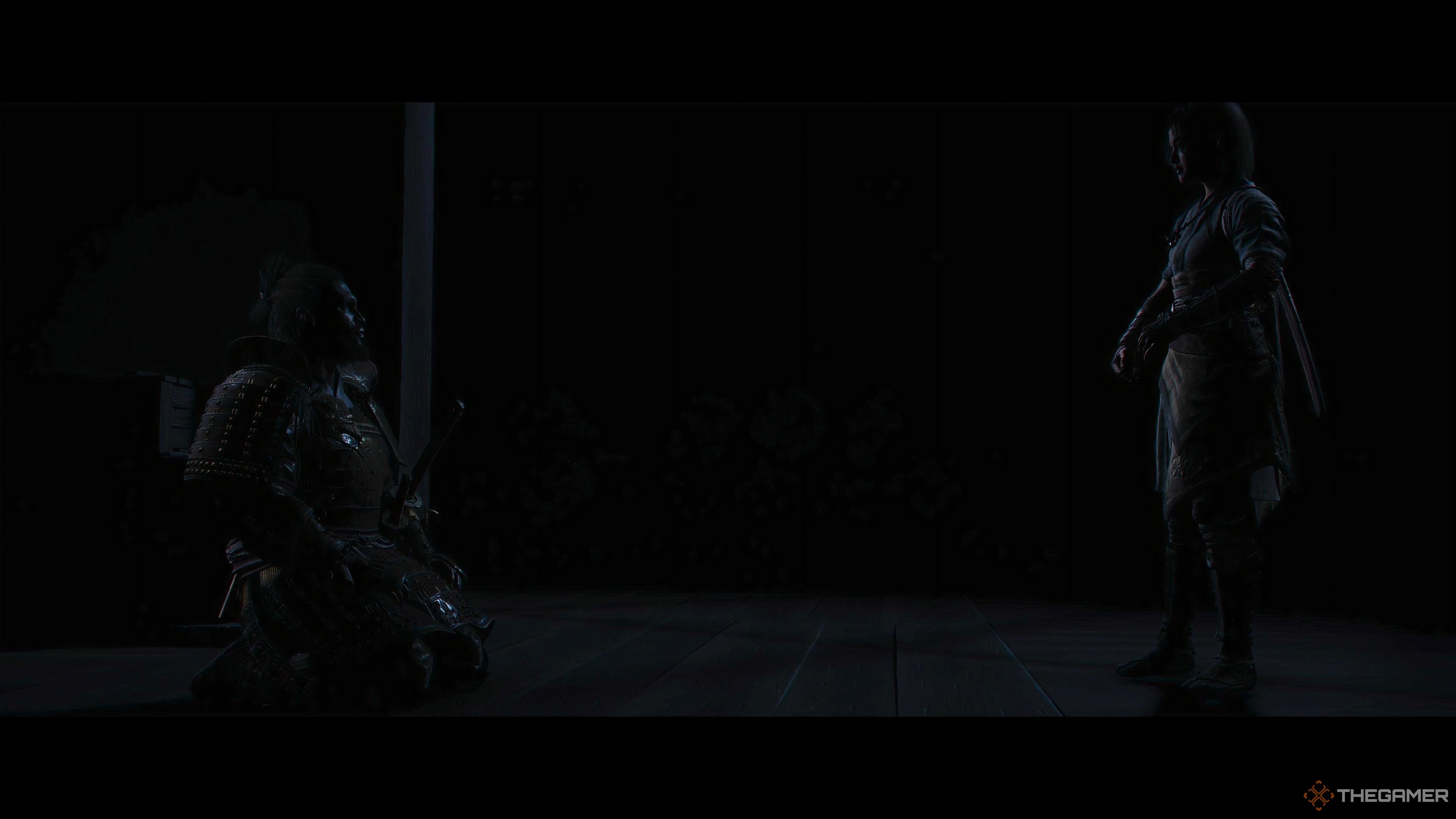Yasuke kneeling with Naoe standing opposite him in Assassin's Creed Shadows.