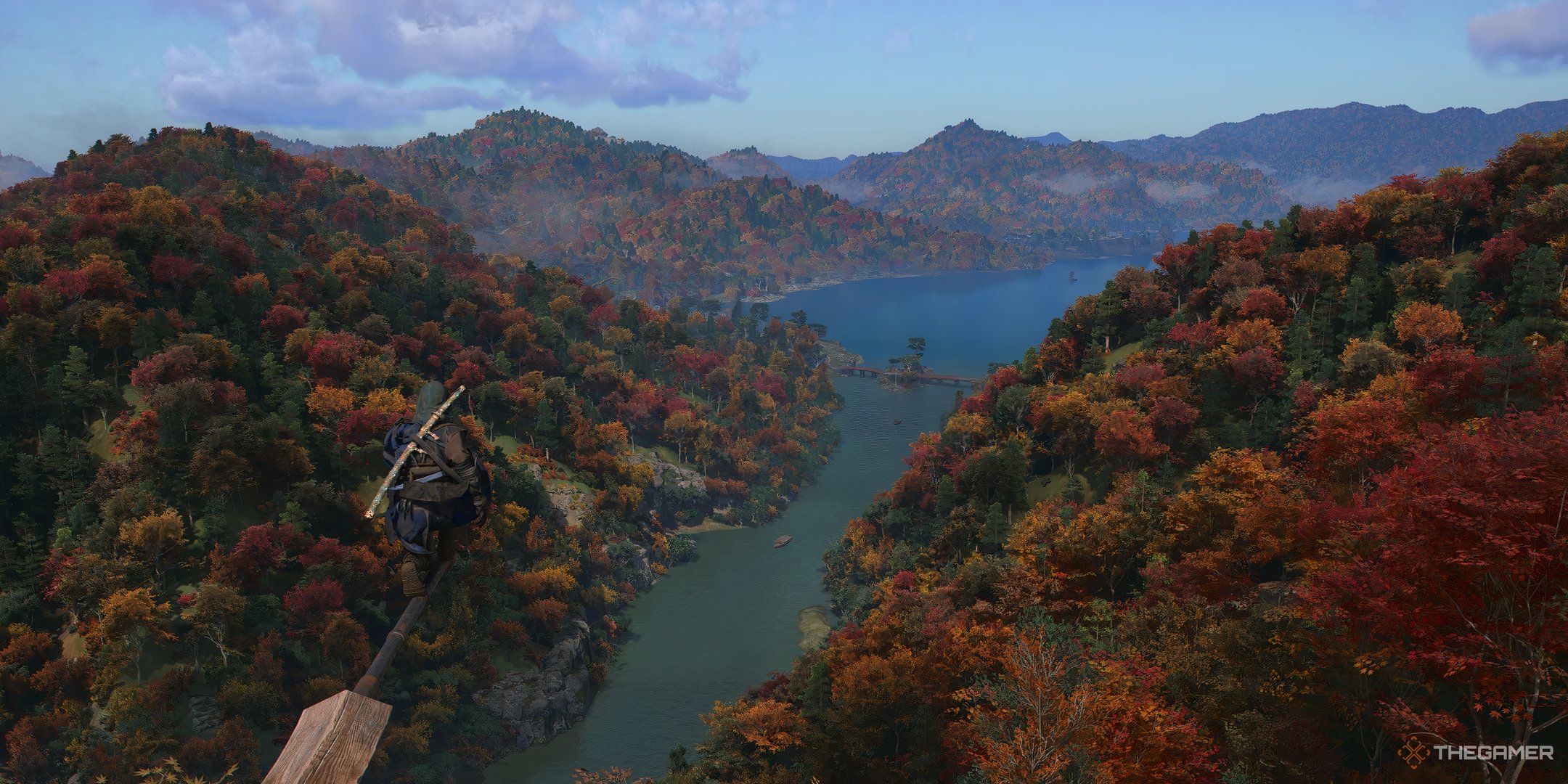 Naoe standing on a Synchronization Point in Assassin's Creed Shadows.