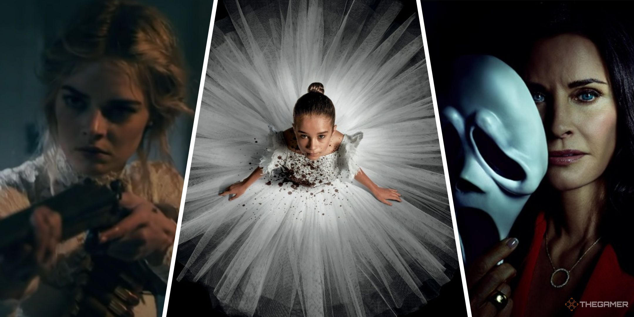Three-image collage of Samara Weaving with a shotgun in Ready or Not, Alisha Weir as Abigail on the main after of the film, and Courteney Cox holding a Ghostface mask on the main art of Scream (2022).
