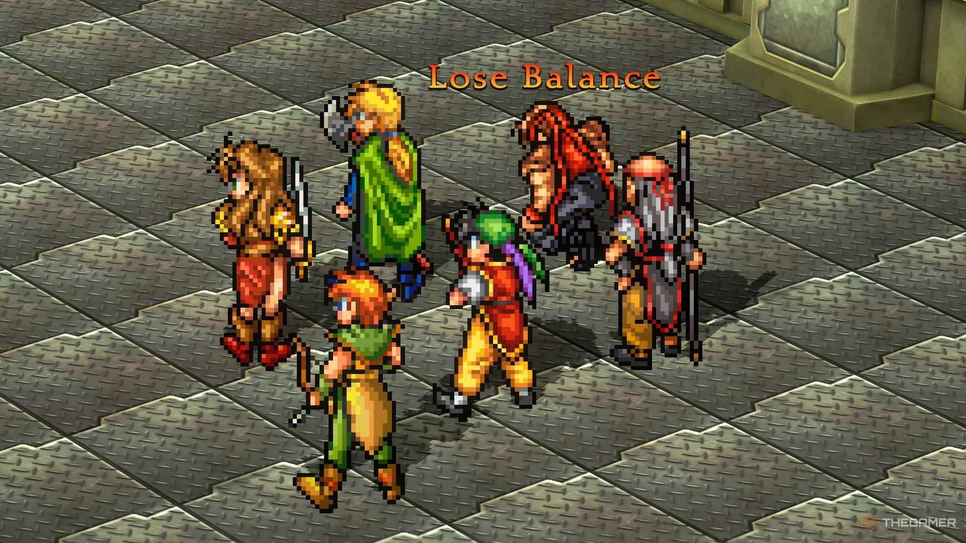 Close up of the party where Pahn is unbalanced in Suikoden 1 HD Remaster.