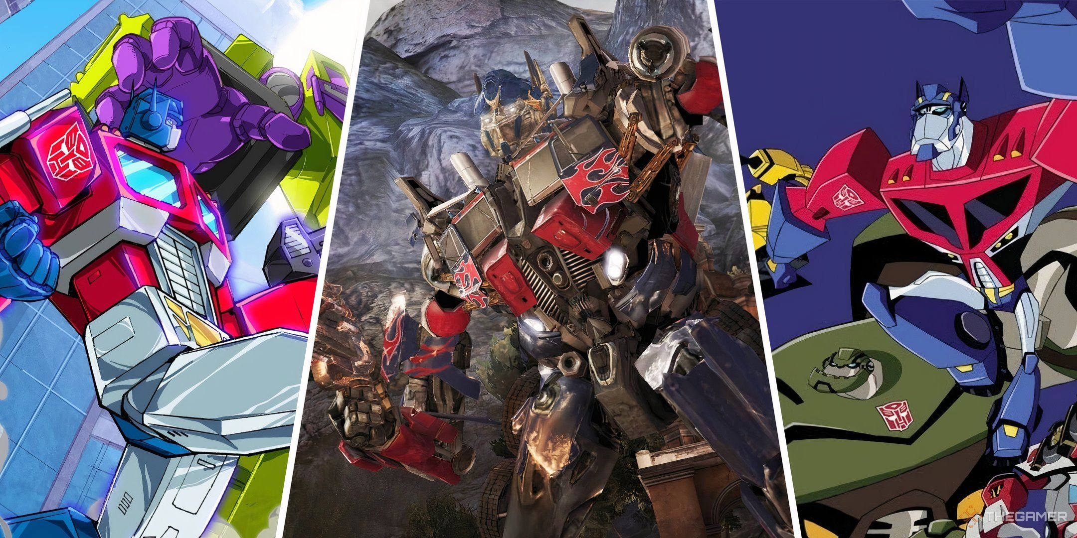 Collage showing Optimus Prime from Devastation, Dark of the Moon and Transformers Animated.